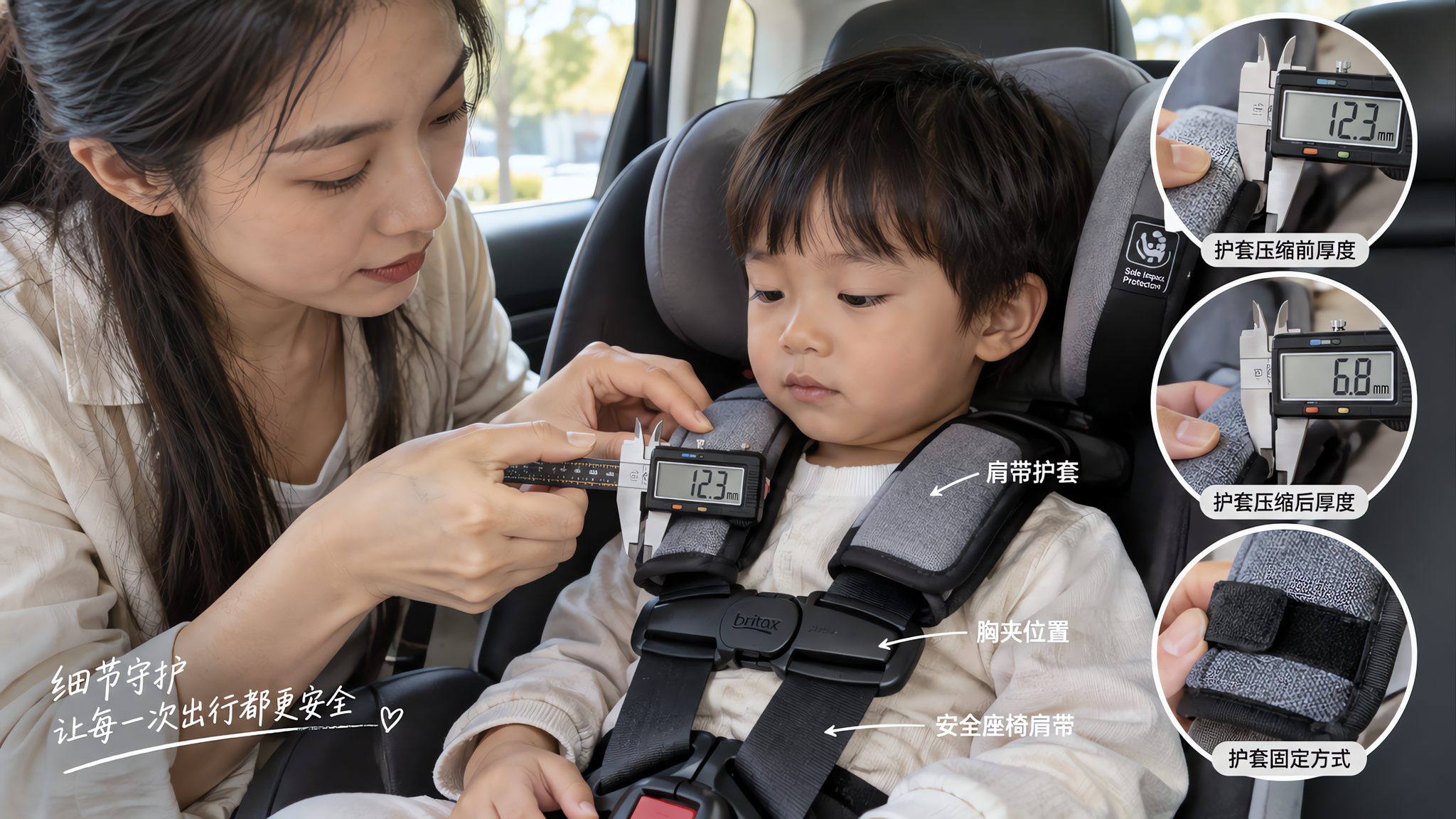 中国年轻妈妈在停车状态的车内后排,给一名中国幼儿调整儿童安全座椅肩带护套,妈妈一手拿卡尺测量护套压缩
