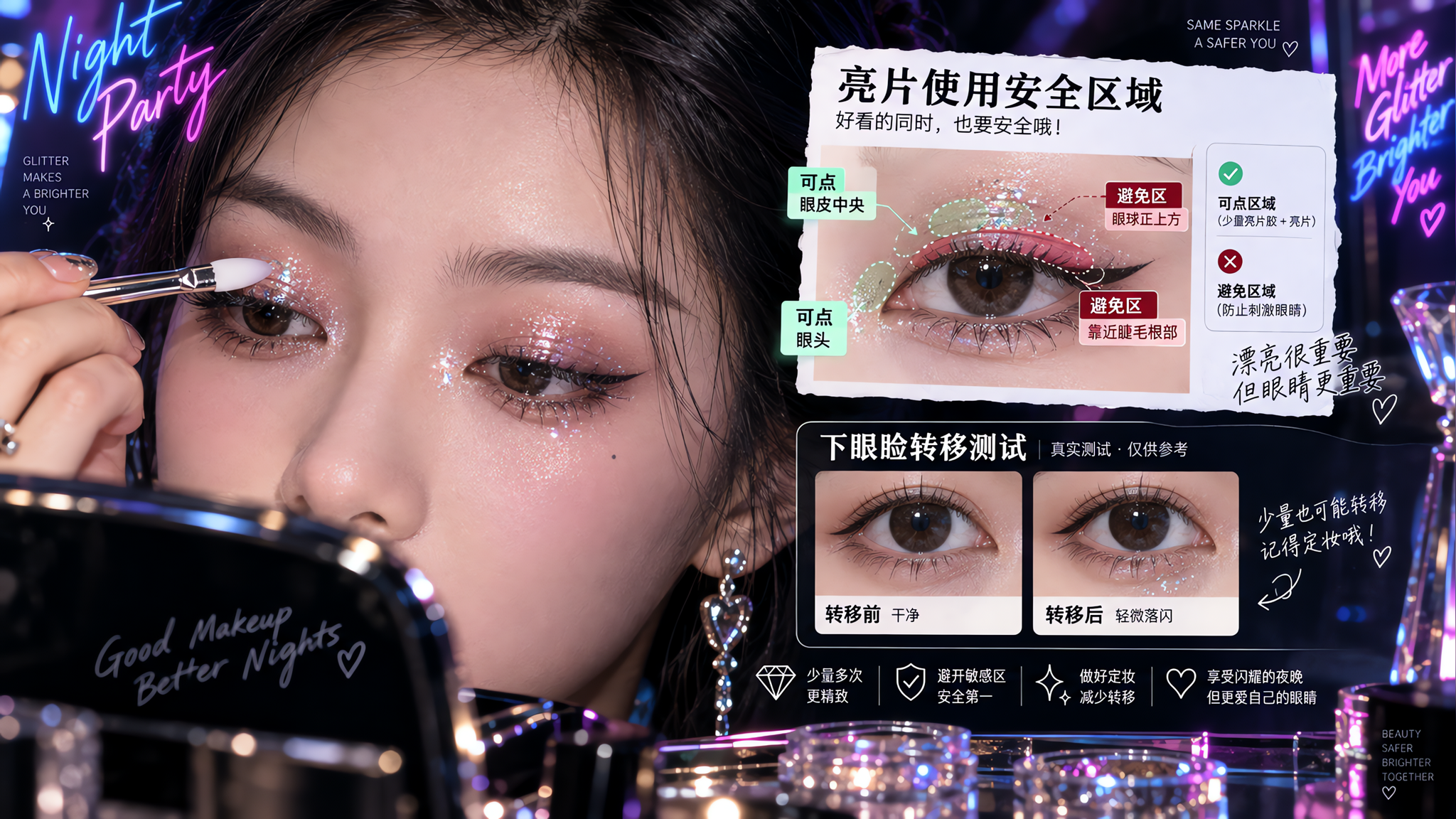 夜色派对氛围的化妆台场景,中国年轻女性上半脸特写,正在用硅胶刷在上眼皮中央与眼头轻点少量亮片胶并贴亮
