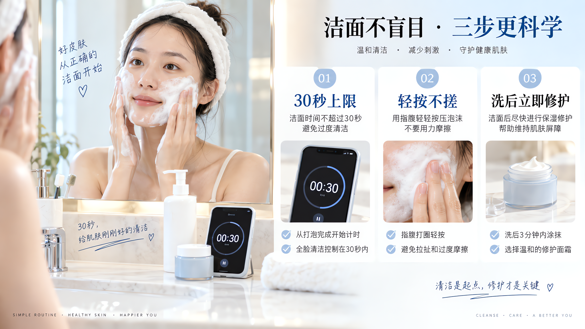 洗完脸紧绷又更油？先把洁面强度降到30秒上限