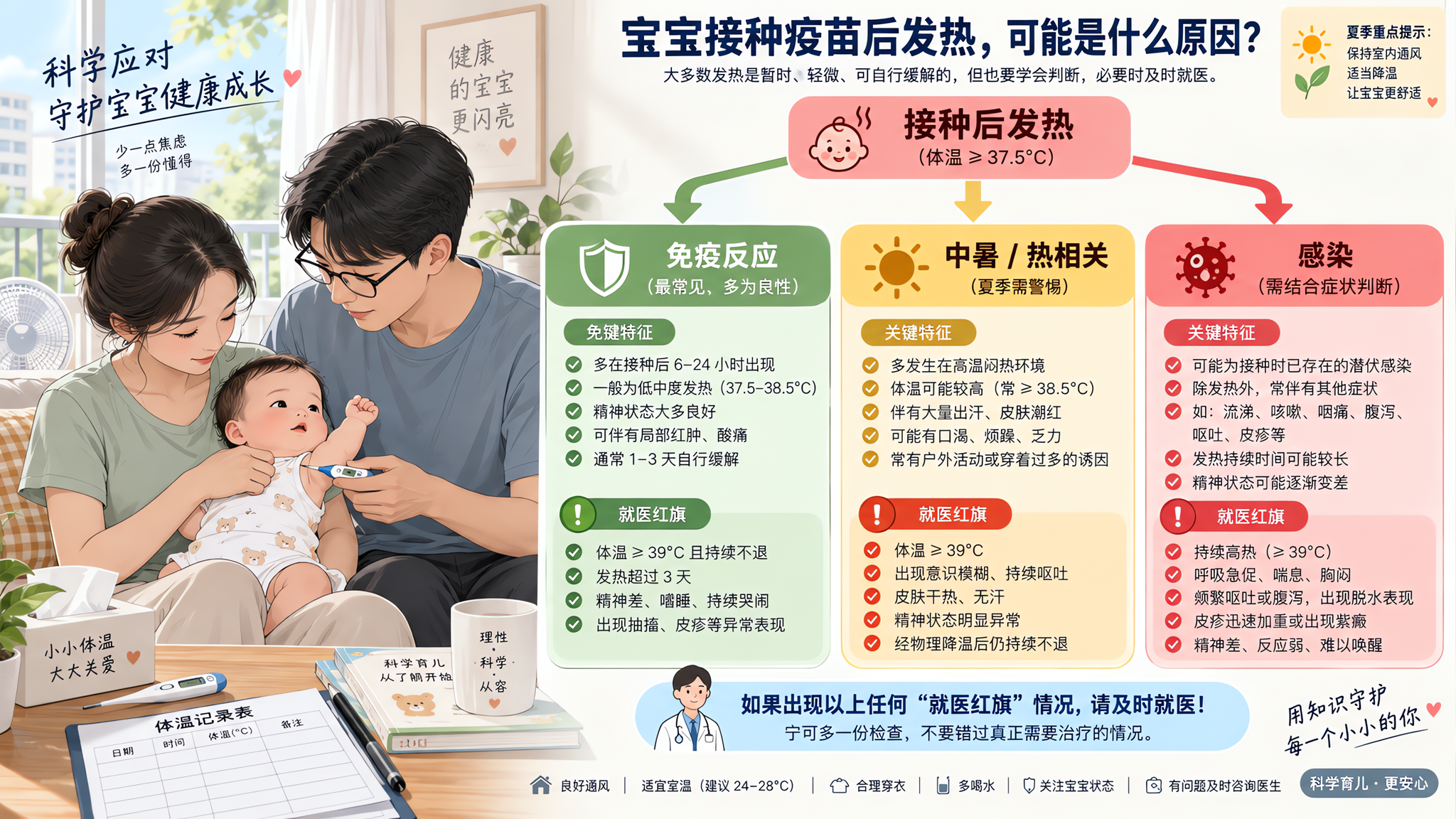 宝宝打完疫苗发热别慌：一张表分清免疫反应/中暑/感染