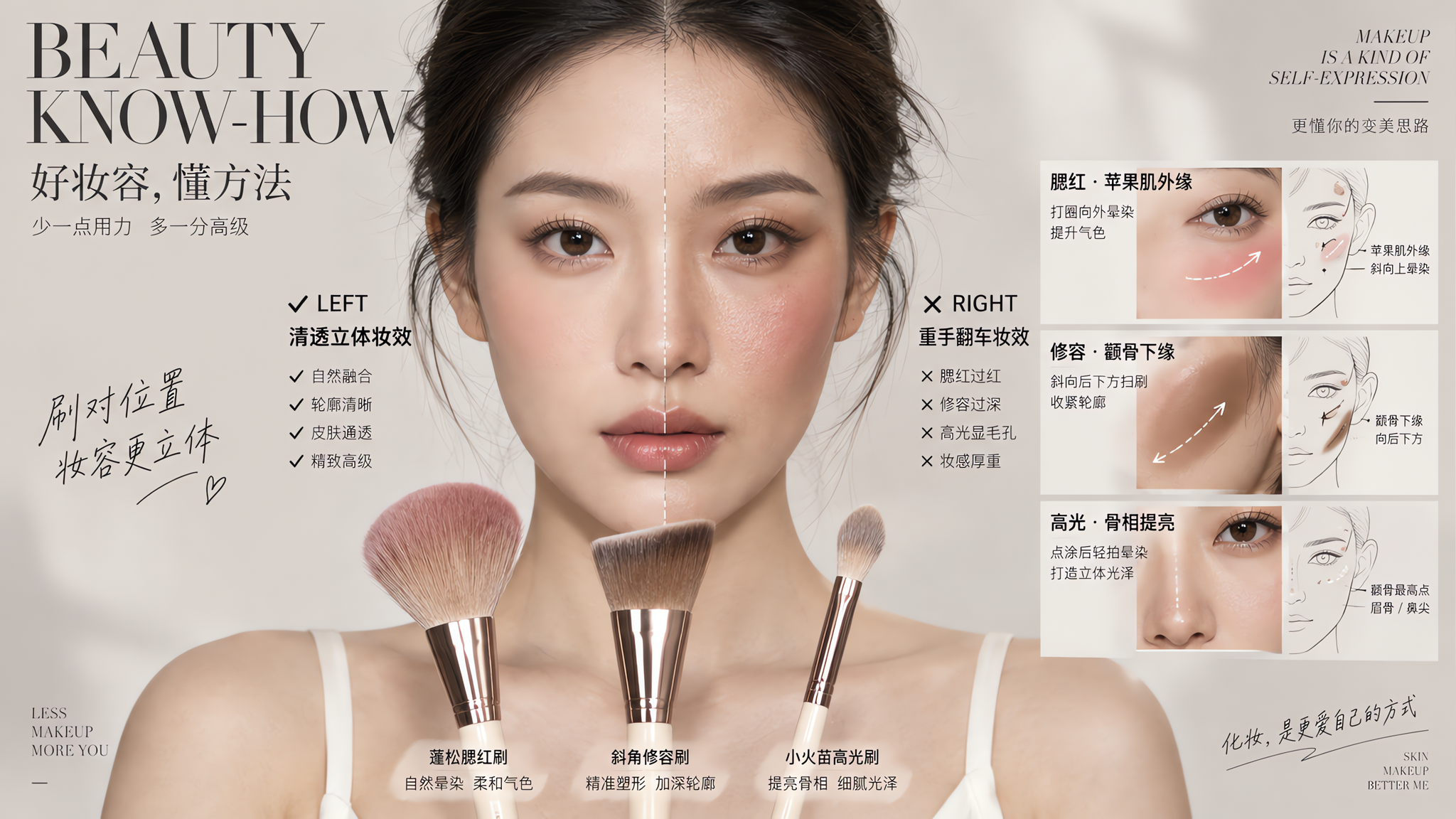 高级杂志风美妆示意图，一位中国年轻女性半身正面，干净清透妆面，画面左右脸对比：左脸为清透立体妆效，右