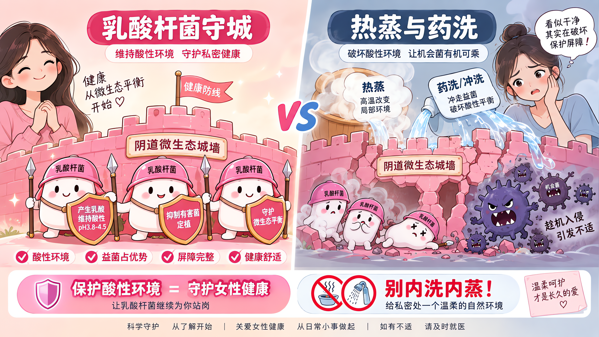 中国年轻女性健康科普插画风条漫对比画面，左侧为“乳酸杆菌守城”拟人化微笑小卫兵在阴道微生态城墙前站岗
