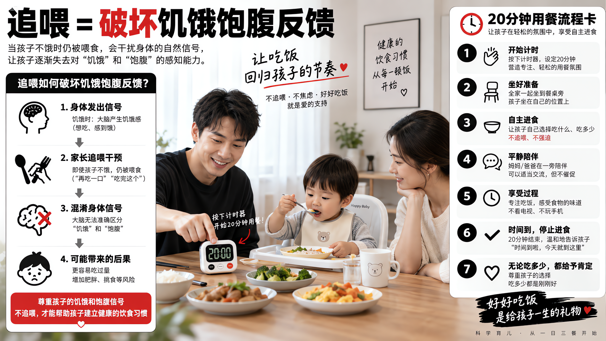 中国家庭餐厅场景，一位中国年轻爸爸在餐桌旁按下计时器开始20分钟用餐，桌上摆放简单家常饭菜；中国幼儿