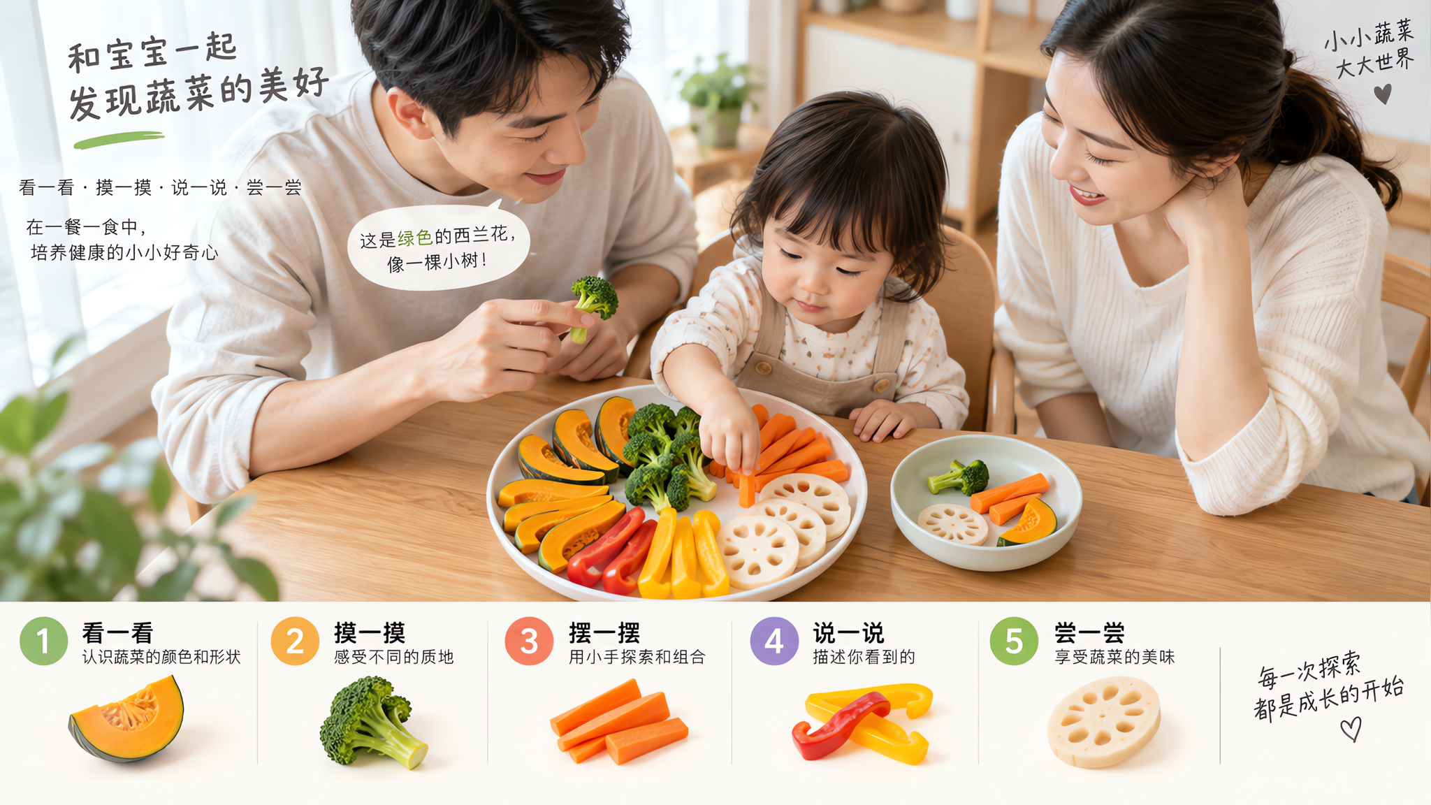 中国年轻父母在家中明亮餐厅里陪中国1-3岁幼儿进行蔬菜探索用餐，桌上有彩虹蔬菜盘（南瓜条、西兰花小朵