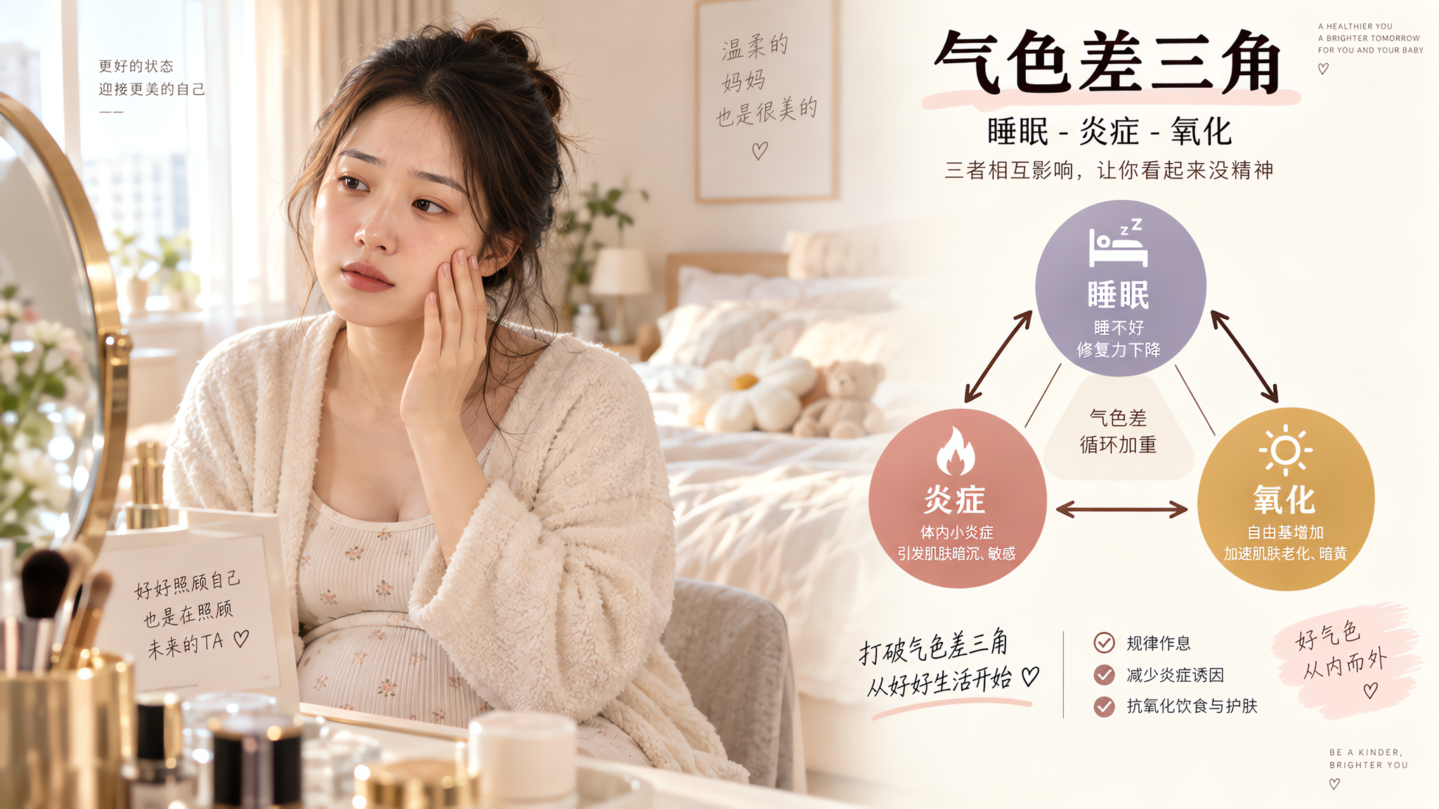 中国年轻孕妇在家中卧室的梳妆台前坐着，穿着柔软家居服，神情温和但略显疲惫，正在用手轻触自己的面颊做皮