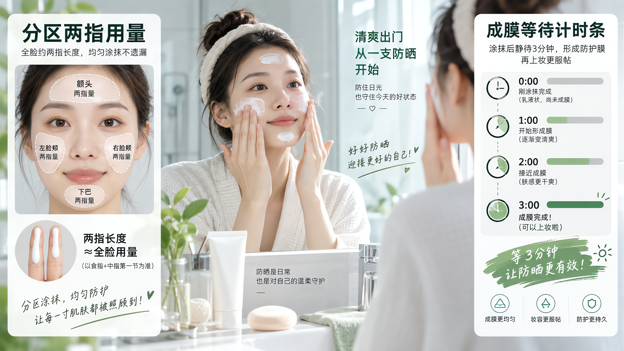 中国年轻女性在早晨通勤前的卫生间镜子前上防晒，画面分屏式构图：左侧展示“分区两指用量”示意（额头两颊
