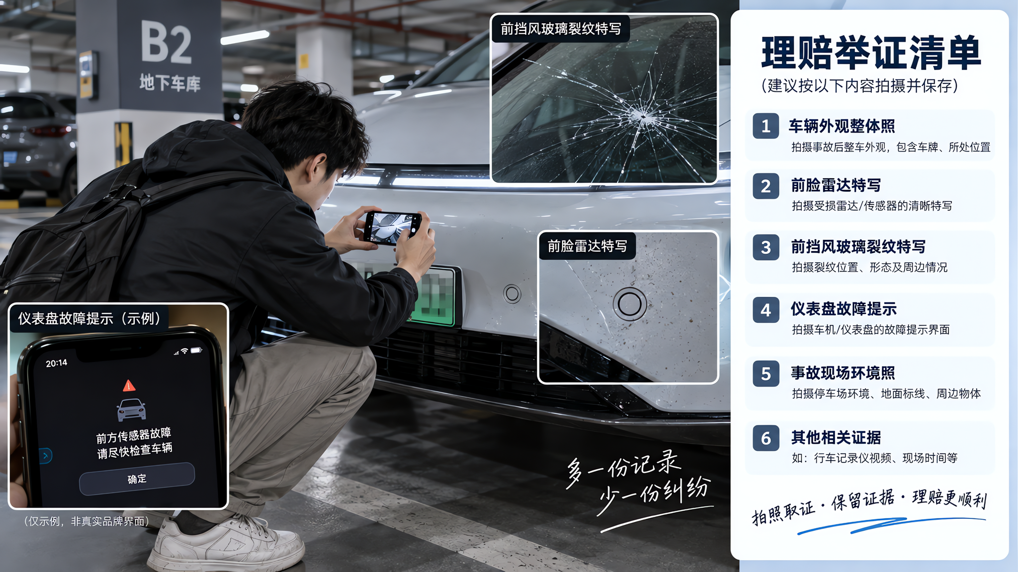 中国年轻车主在城市地下停车场靠近一辆新能源车，半蹲用手机拍摄车辆前脸雷达与前挡风玻璃裂纹的特写，旁边