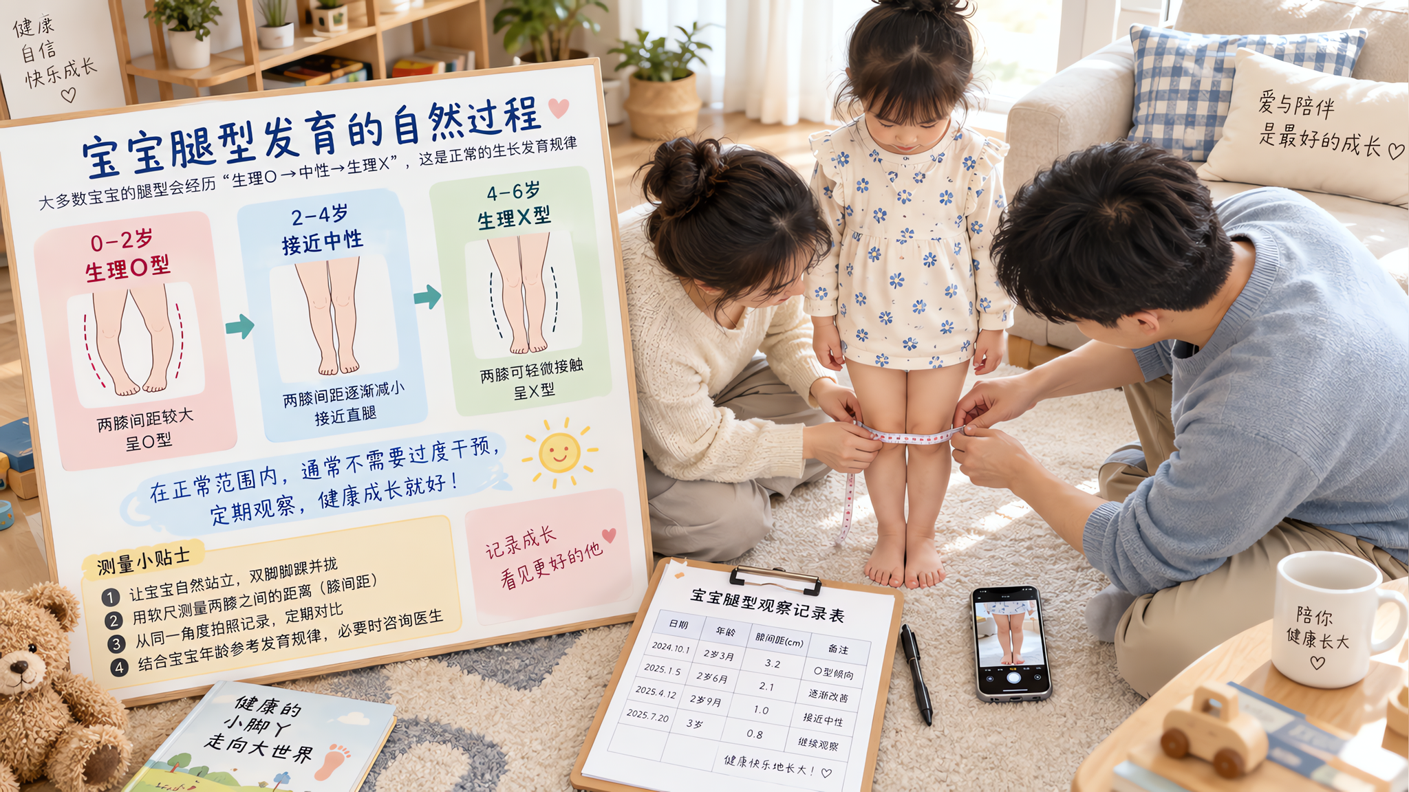 场景为明亮整洁的家庭客厅或儿童房，墙面简洁；一对中国年轻父母在地毯上为中国幼儿做腿型观察与测量记录，