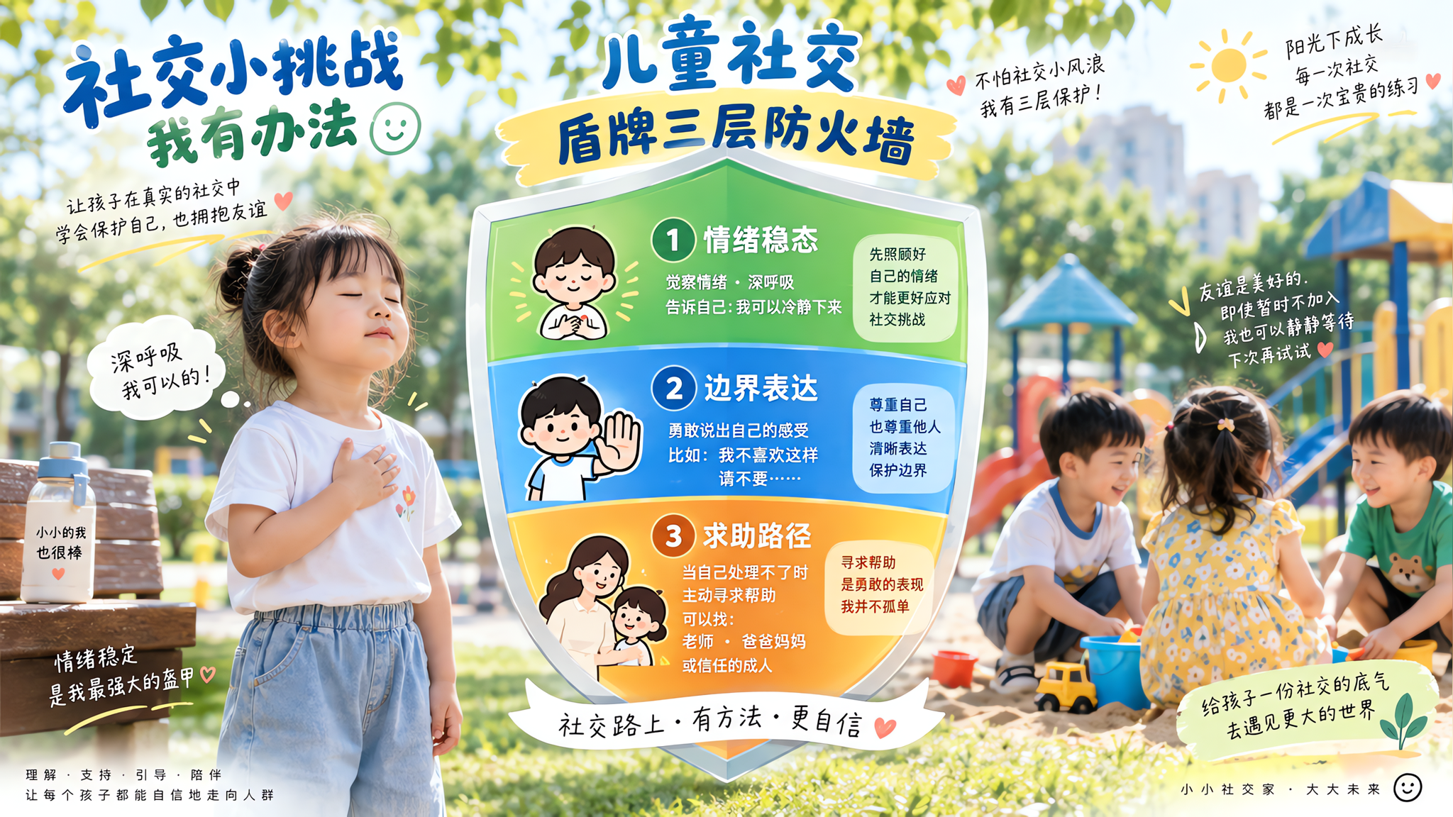 中国幼儿园年龄中国小朋友在夏日小区游乐场的社交场景中，一个中国小男孩/小女孩站在一旁深呼吸自我安抚，