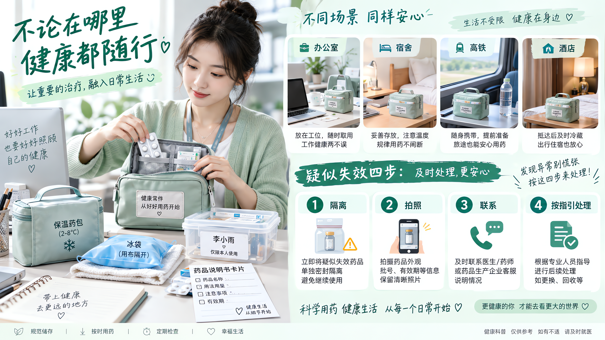 中国年轻女性在办公室工位旁整理随身药品收纳包，桌面摆放保温药包、冰袋（用布隔开）、贴有姓名标签的密封