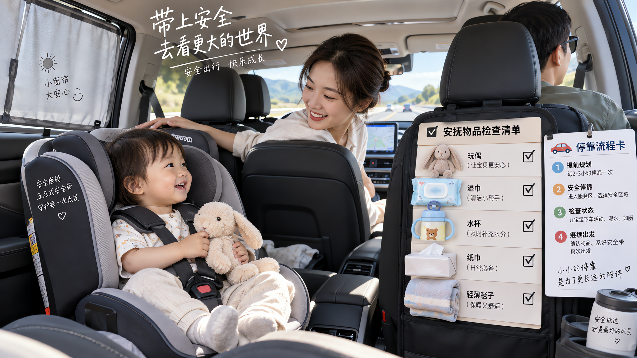 中国年轻父母自驾出行的车内场景，后排安装有儿童安全座椅，1-2岁中国幼儿系好五点式安全带坐在座椅中，