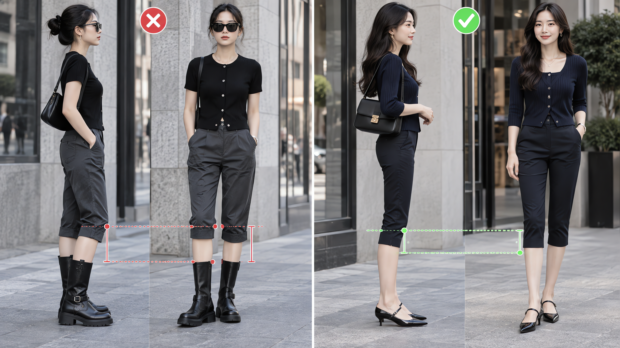 中国年轻女性在城市街头的路拍场景,站姿侧面与正面各一张的拼图对比构图,核心主体为七分裤(Capri)