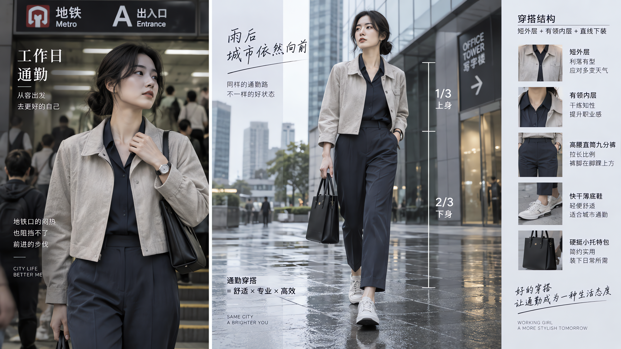中国年轻上班族女性,工作日通勤场景分镜感画面:左侧为地铁口闷热环境,人物轻抬手整理短外套领口;右侧为