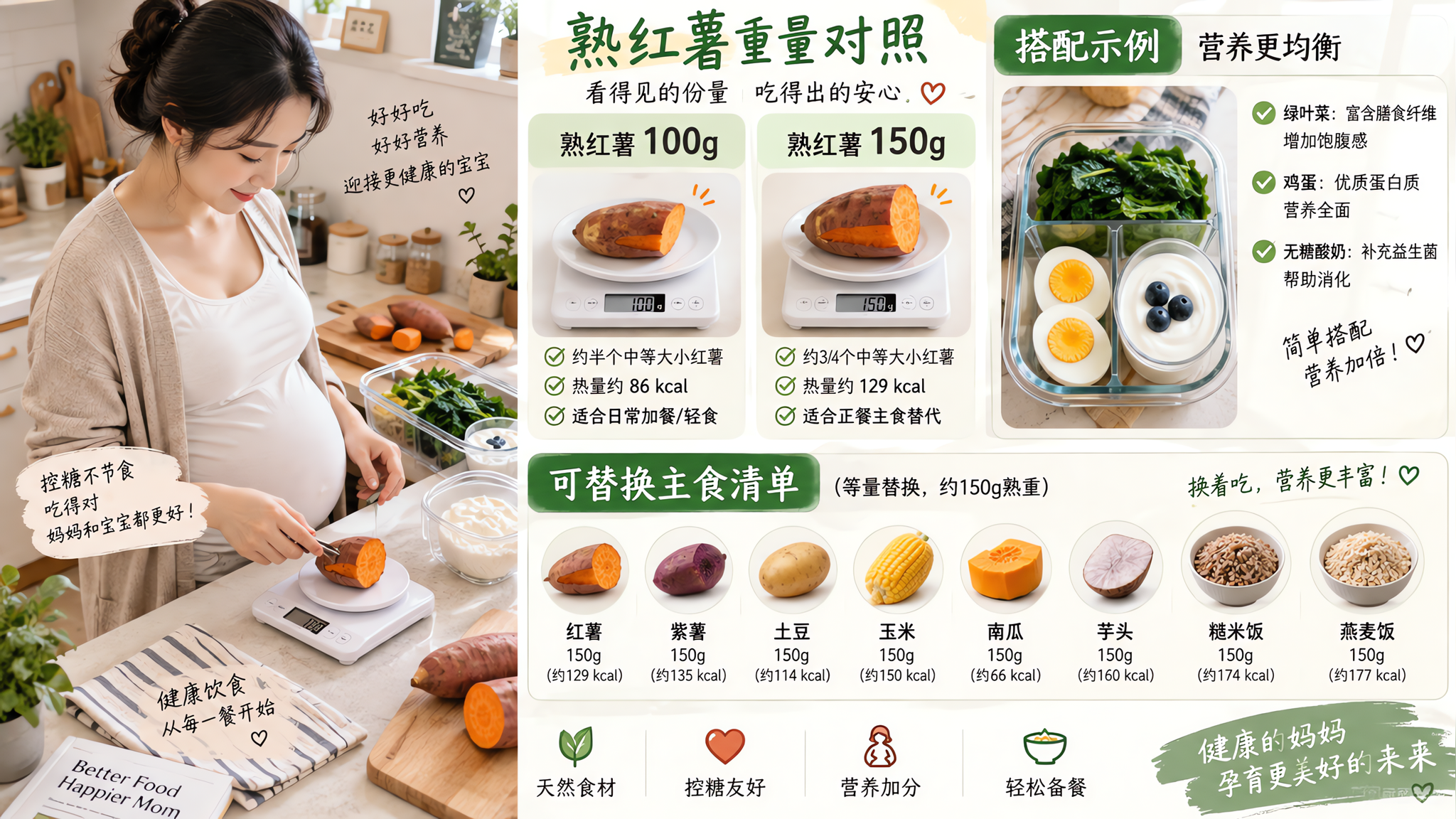 红薯别当零食加餐：熟100g=1份主食，一餐100–150g更稳