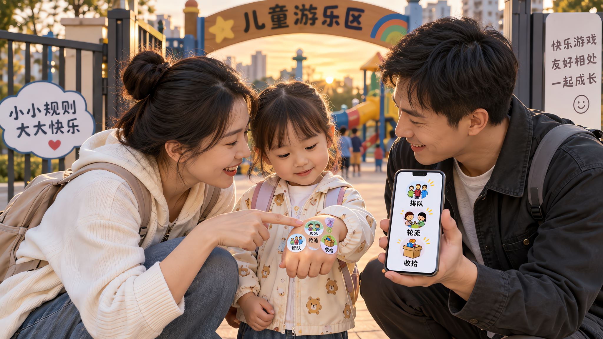 中国城市公共游乐场场景，傍晚柔和自然光，一对中国年轻父母与中国幼儿在进入游乐区前蹲下交流，妈妈指着孩