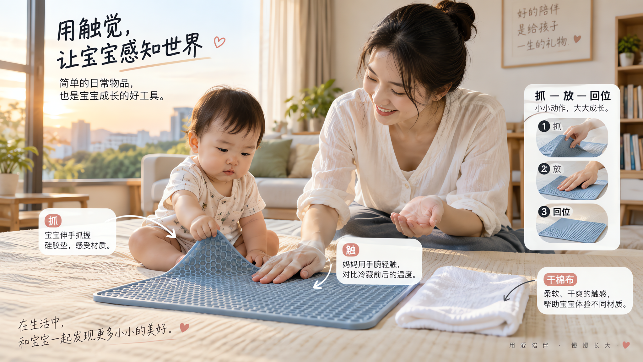 中国年轻妈妈在夏日傍晚的明亮客厅里,陪一名中国婴幼儿在凉席/床面上做触觉训练,核心主体是一块整块硅胶