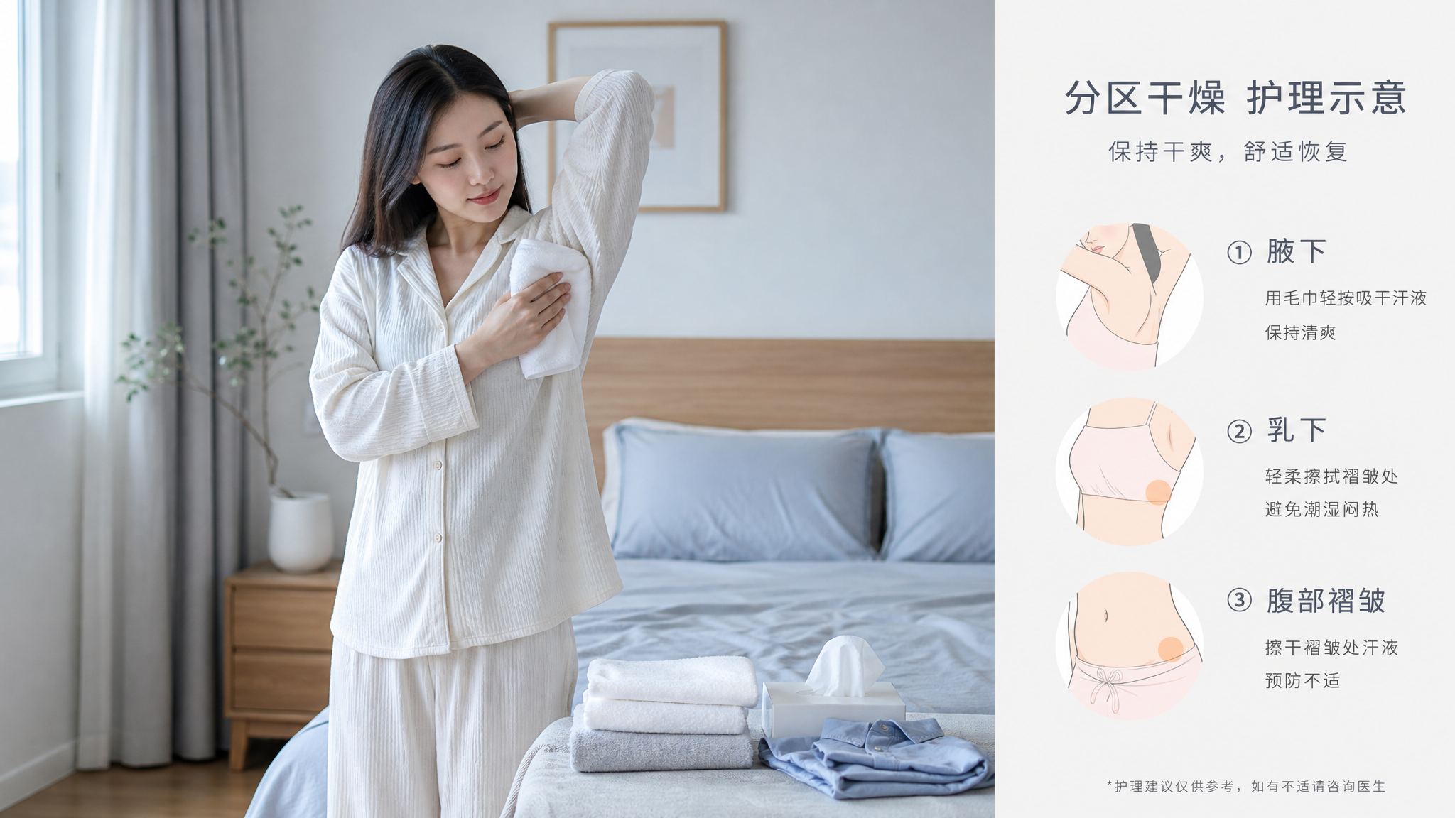 中国年轻产后妈妈在卧室床边进行“分区干燥”护理示意，人物穿着宽松棉质家居服，站立微抬手臂，用干净柔软