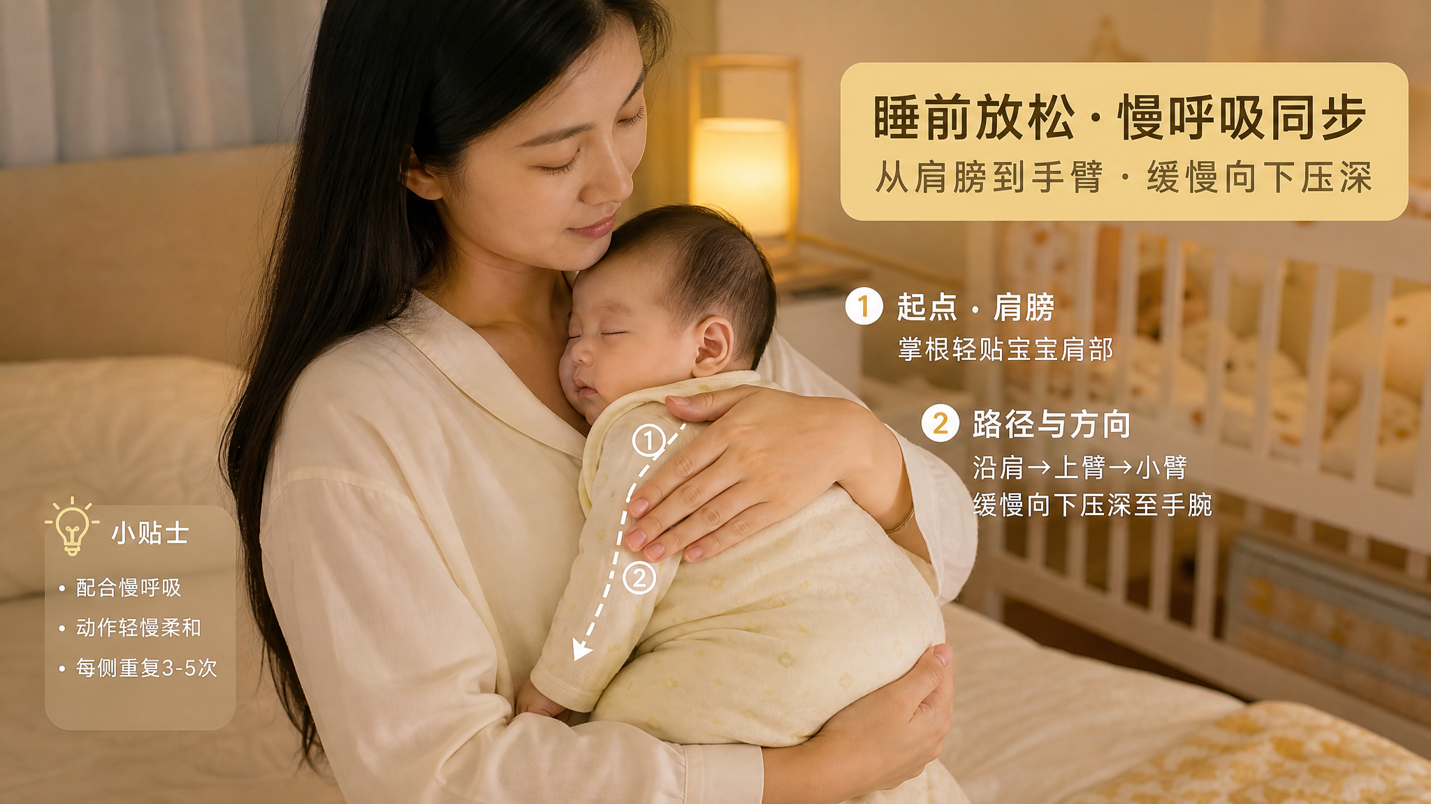 中国年轻妈妈在卧室夜灯下抱着中国婴儿进行睡前放松,妈妈将宝宝贴近胸前做慢呼吸同步,一只手托住宝宝背部