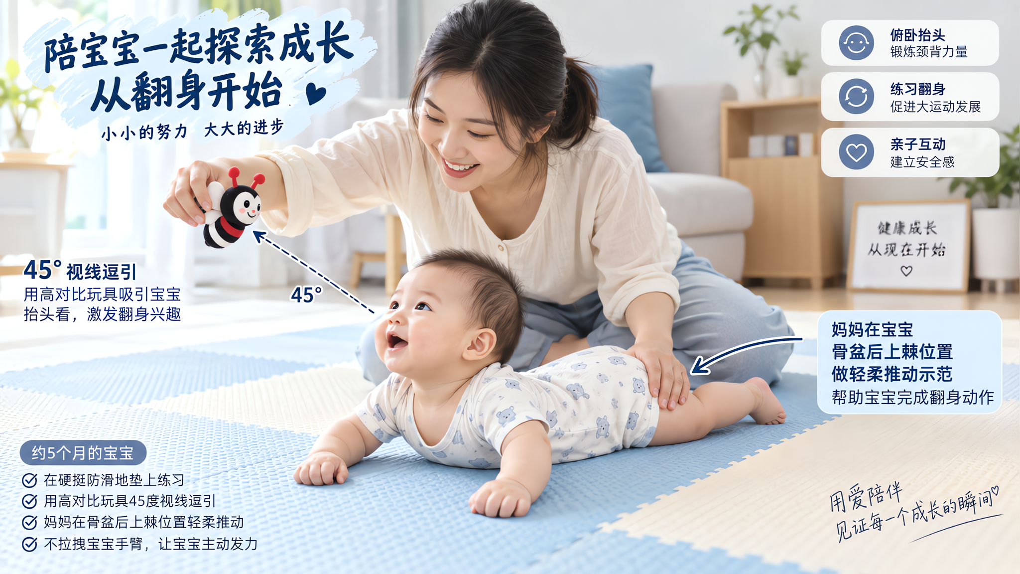 中国年轻妈妈在夏日明亮客厅里,陪一名约5个月的中国宝宝在硬挺防滑地垫上练习翻身与俯卧抬头,画面包含“