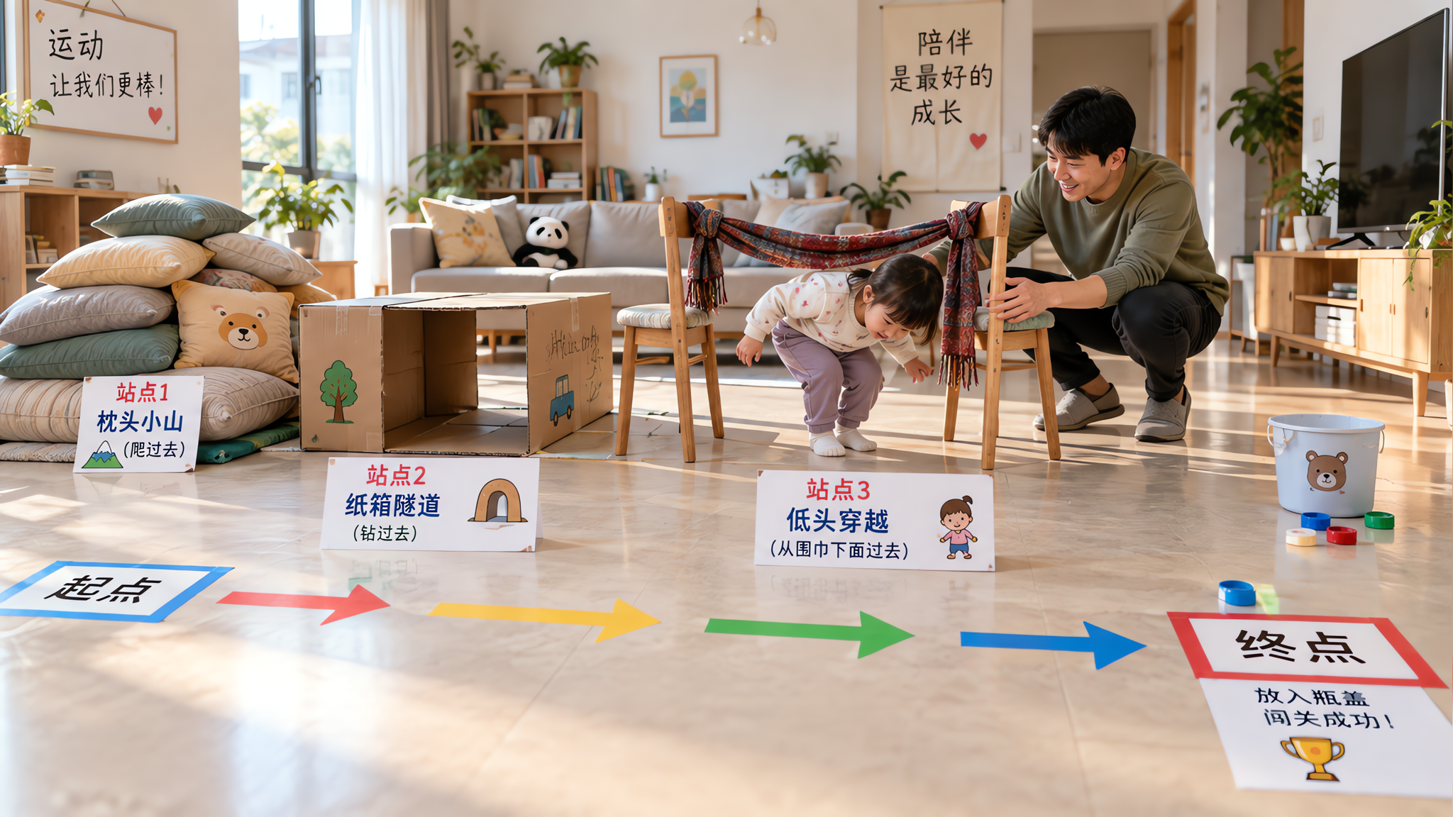 孩子在家爱爬高冲撞？5站室内障碍赛安全放电（1-3岁分级）