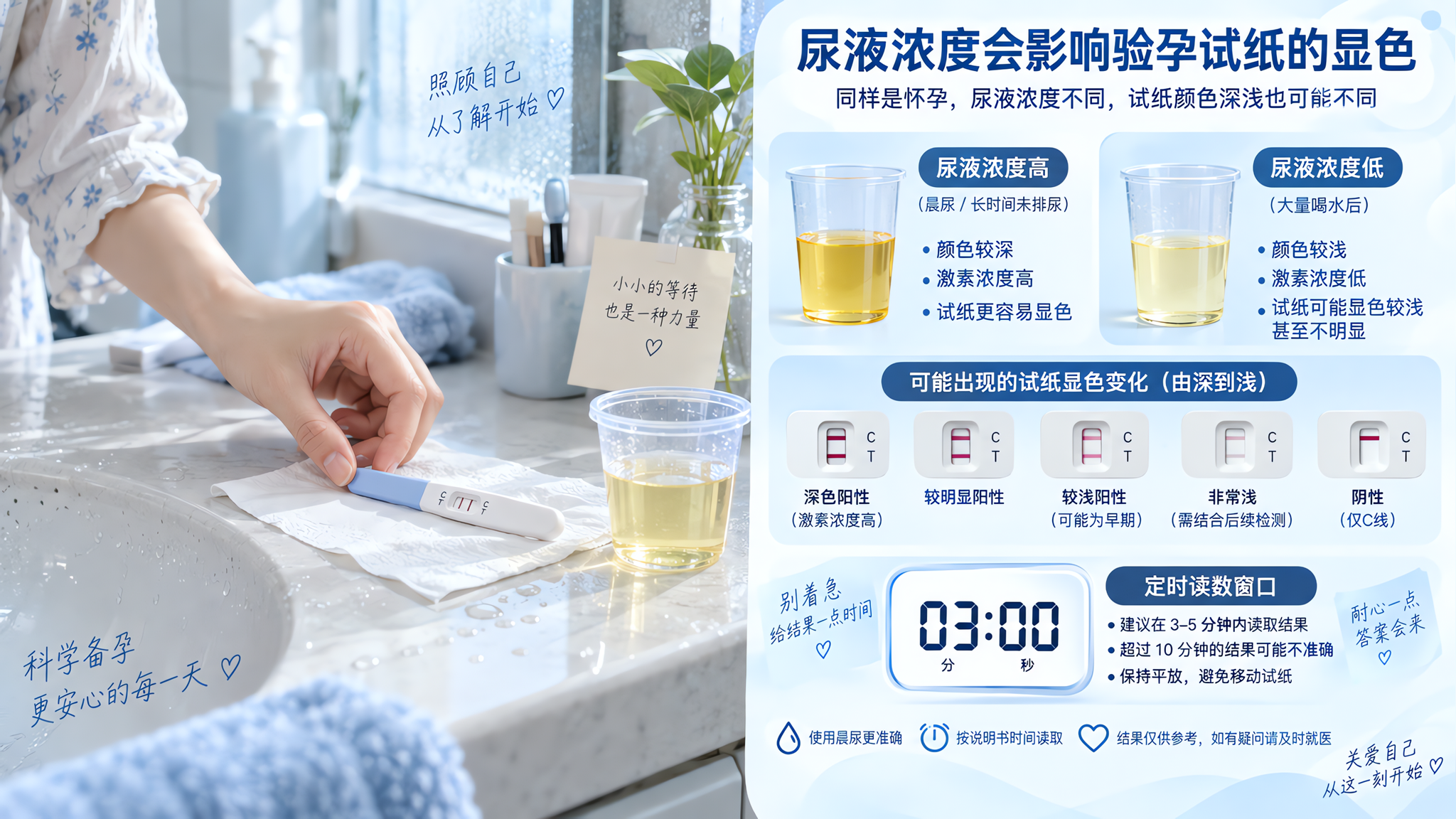 竖版长图构图，干净明亮的卫生间台面场景，中国年轻女性的手将验孕试纸平放在纸巾旁，旁边放一个透明取尿杯