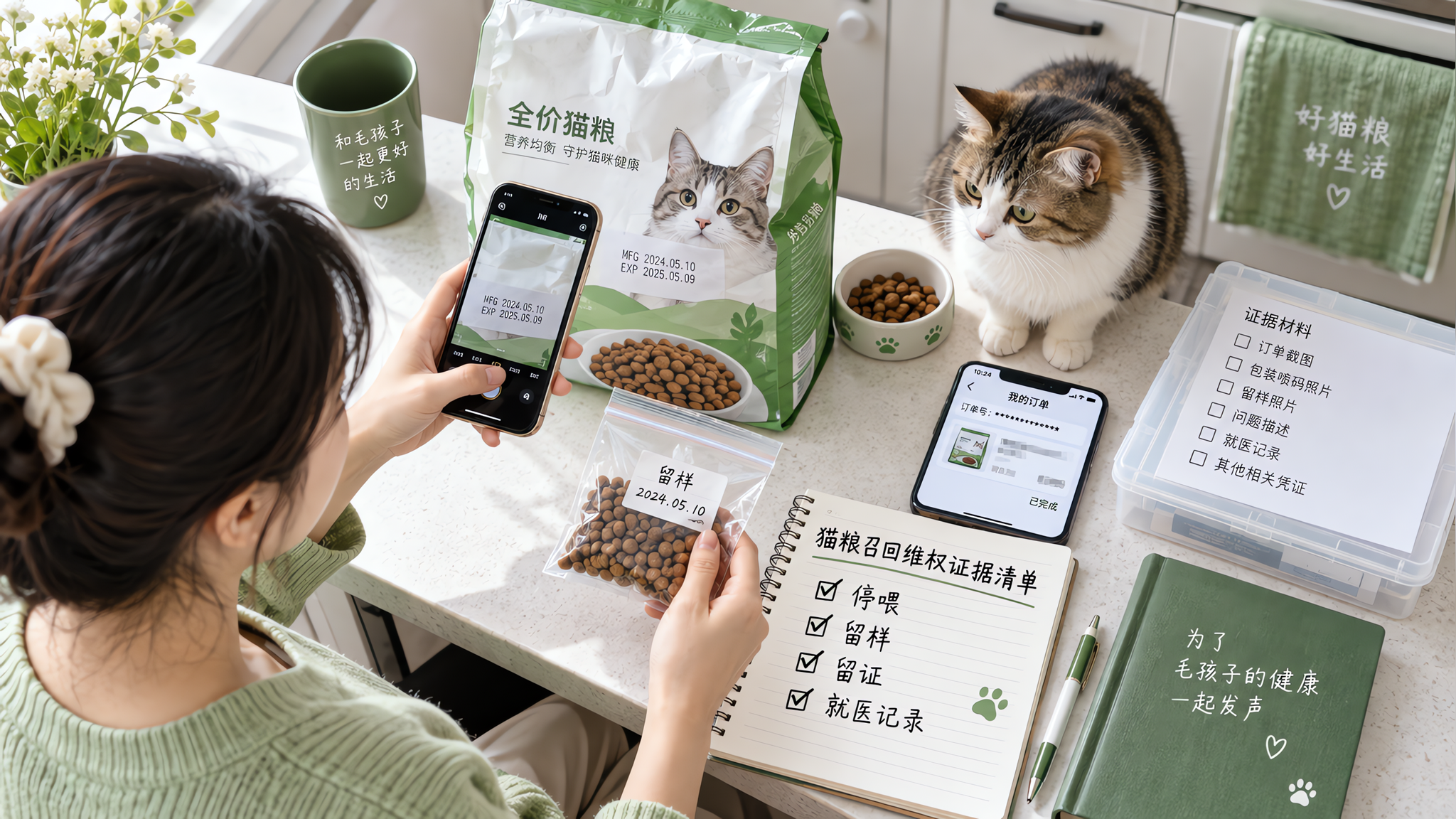 中国年轻女性在家中明亮整洁的厨房台面前，整理猫粮召回维权证据清单，桌面上摆放猫粮包装（可见喷码位置但