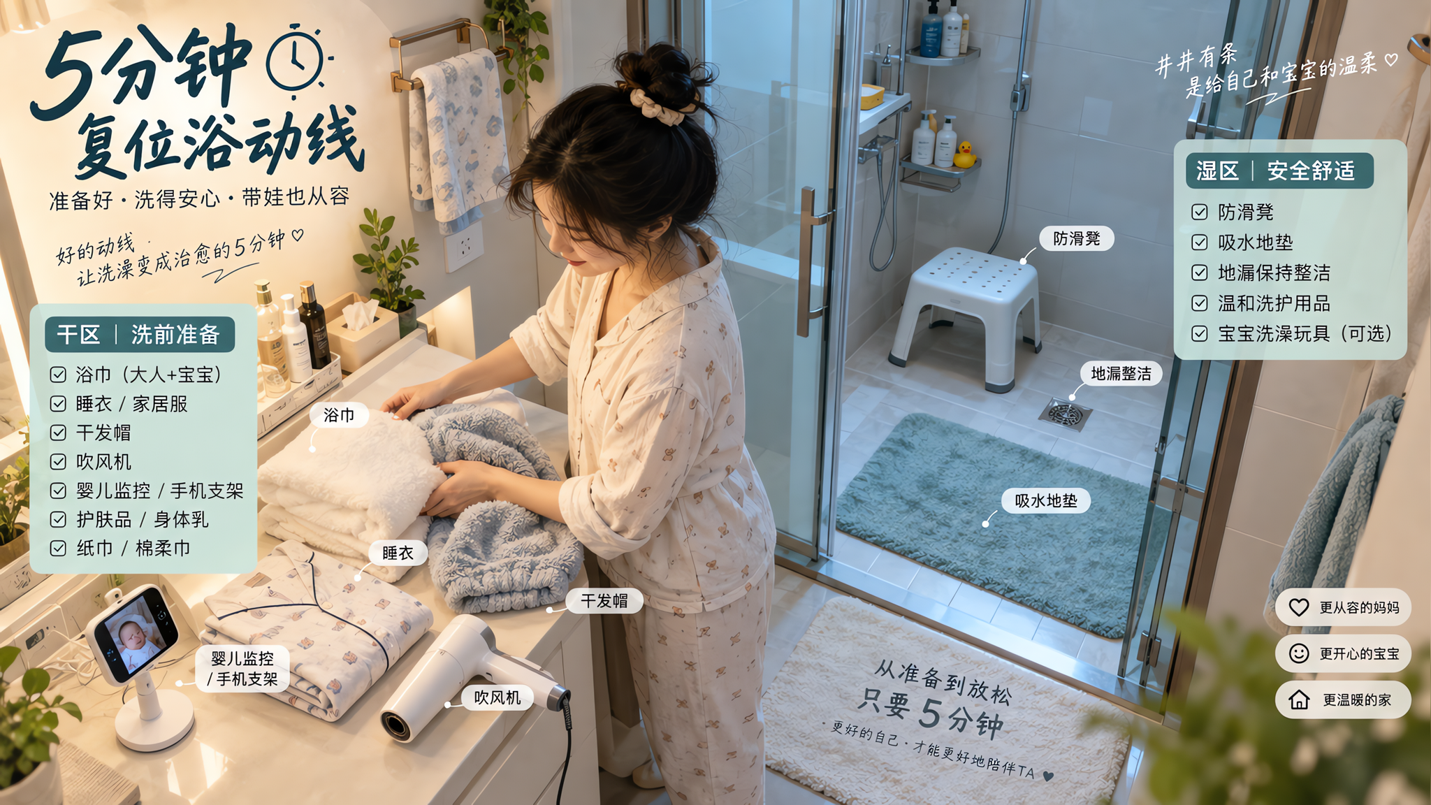 产后洗澡总像打仗？试试这套5分钟复位浴动线