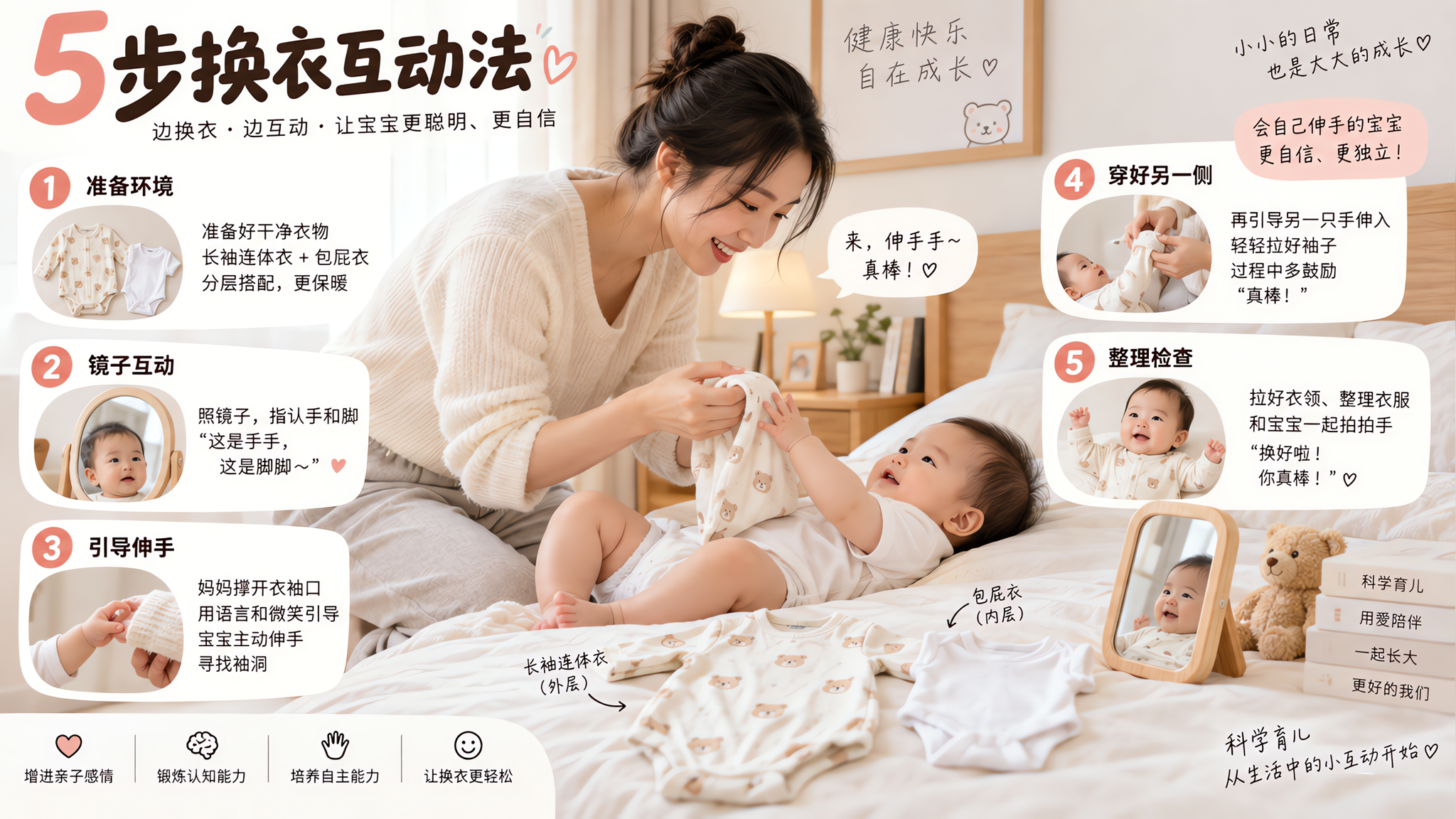 中国年轻妈妈在家中卧室的床边给中国0-1岁婴儿换衣互动训练,妈妈半跪在床边,双手轻轻撑开衣袖口等待宝