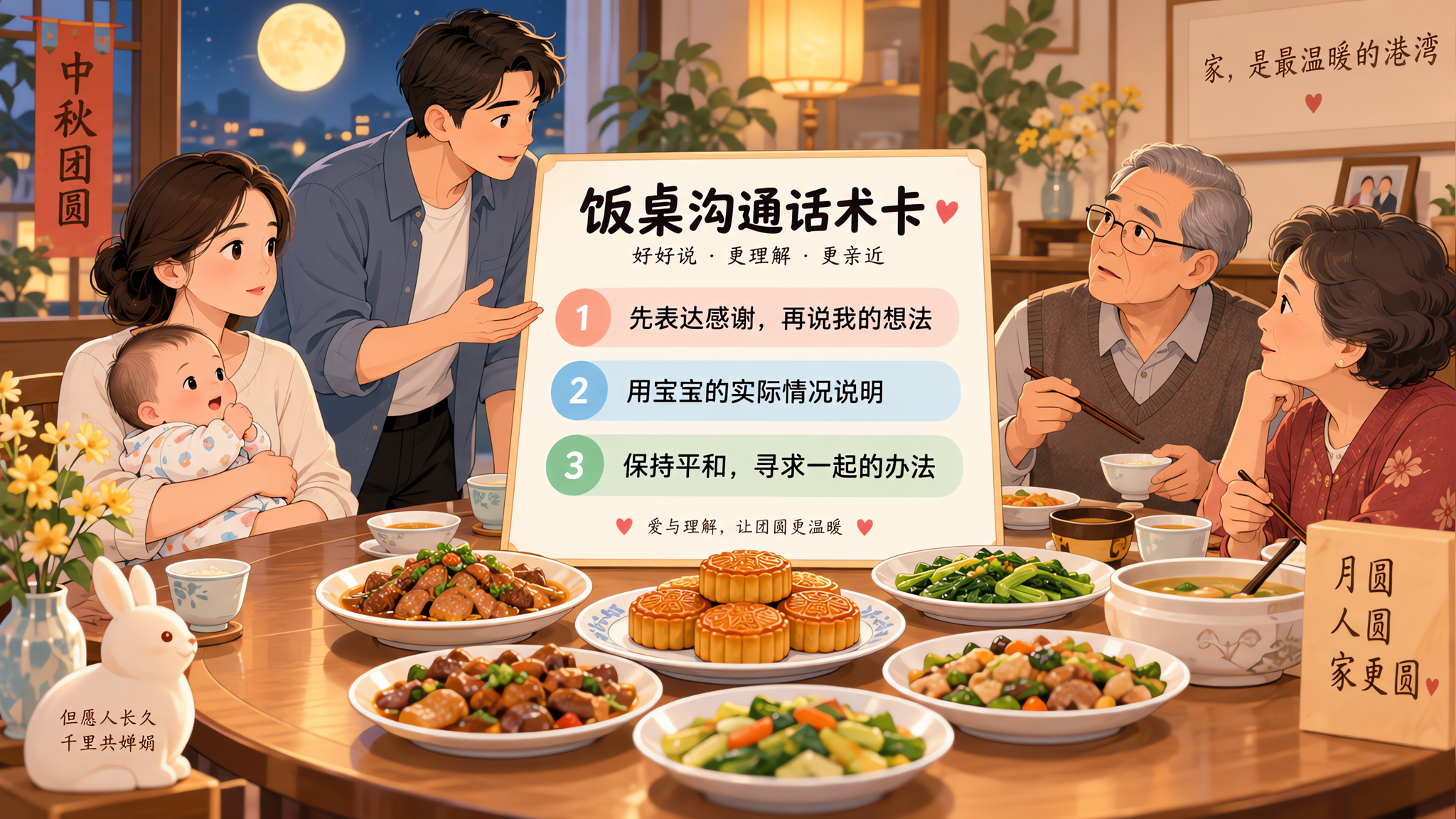 中国家庭中秋团圆饭桌场景,温馨餐厅环境,一张圆桌上有月饼与家常菜,中国年轻妈妈怀抱中国婴儿坐在一侧,