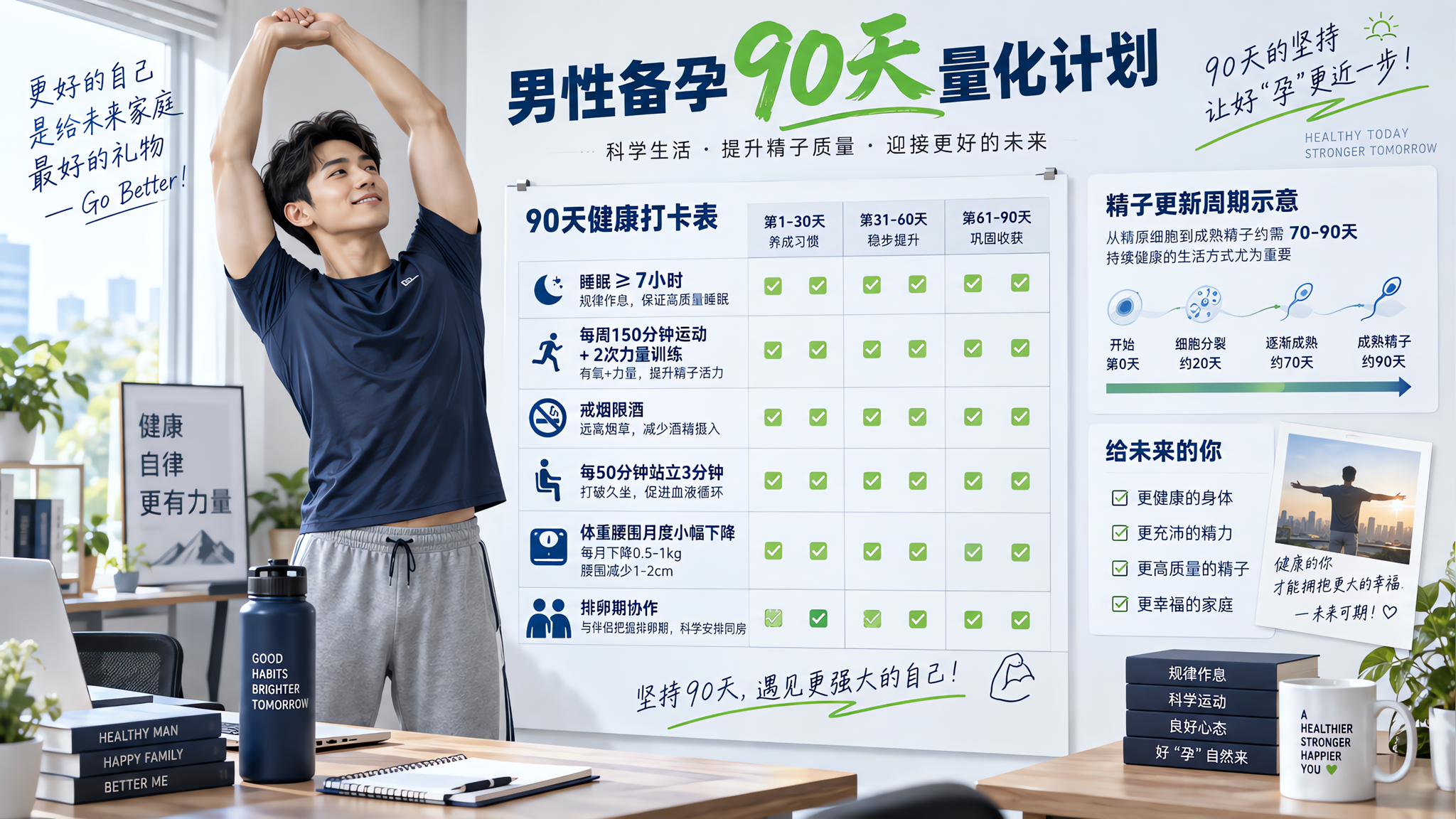 一张清爽运动风的健康打卡长图海报，主题为“男性备孕90天量化计划”，画面中有一位中国年轻男性在书桌旁
