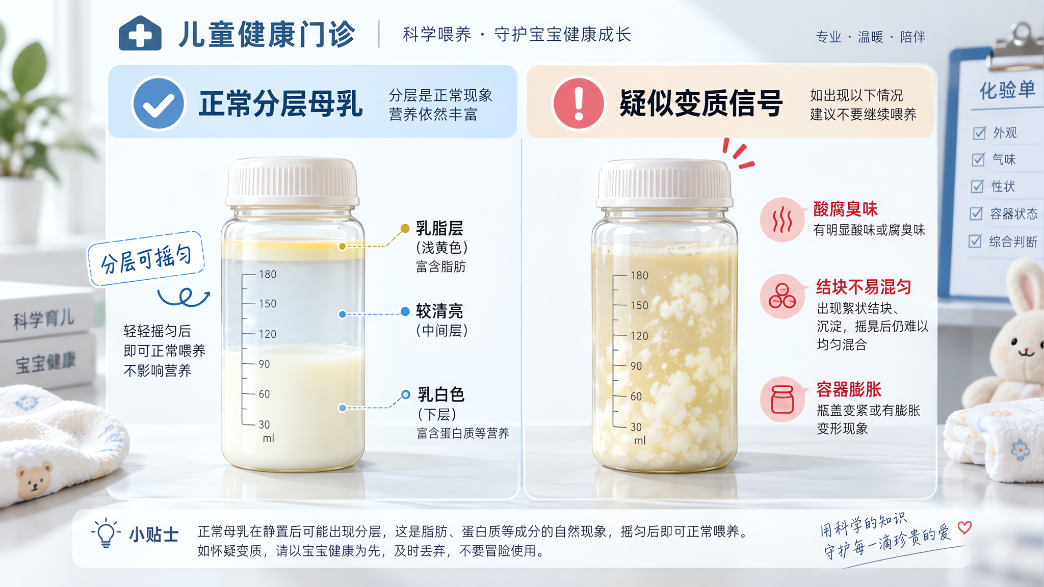 门诊化验单风格的信息图插画,画面分为左右两栏对比:左侧为“正常分层母乳”透明储奶瓶,上层较清、下层乳