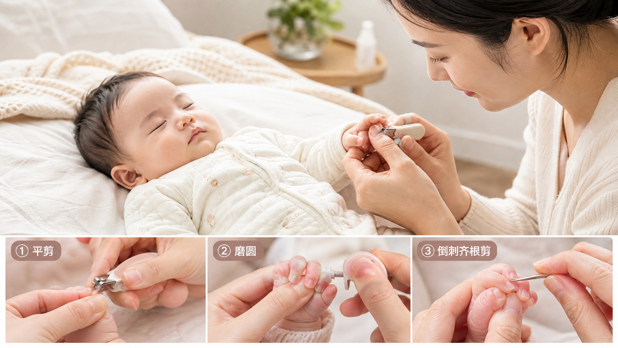 微距生活方式摄影风格,中国年轻妈妈在家中明亮卧室里给熟睡的中国婴儿修剪指甲,画面聚焦宝宝小手与婴儿专