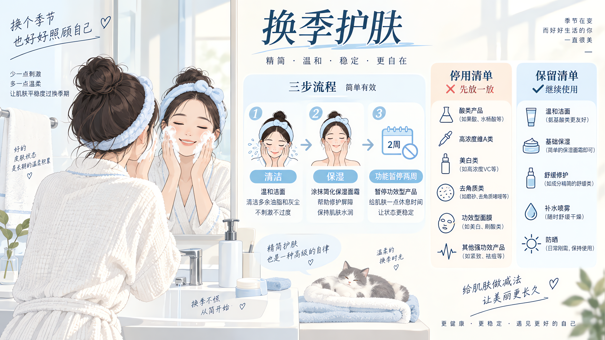 米白与雾蓝配色的极简线稿信息图风格画面，一位中国年轻女性在浴室镜子前进行换季护肤，动作是用温和洁面轻