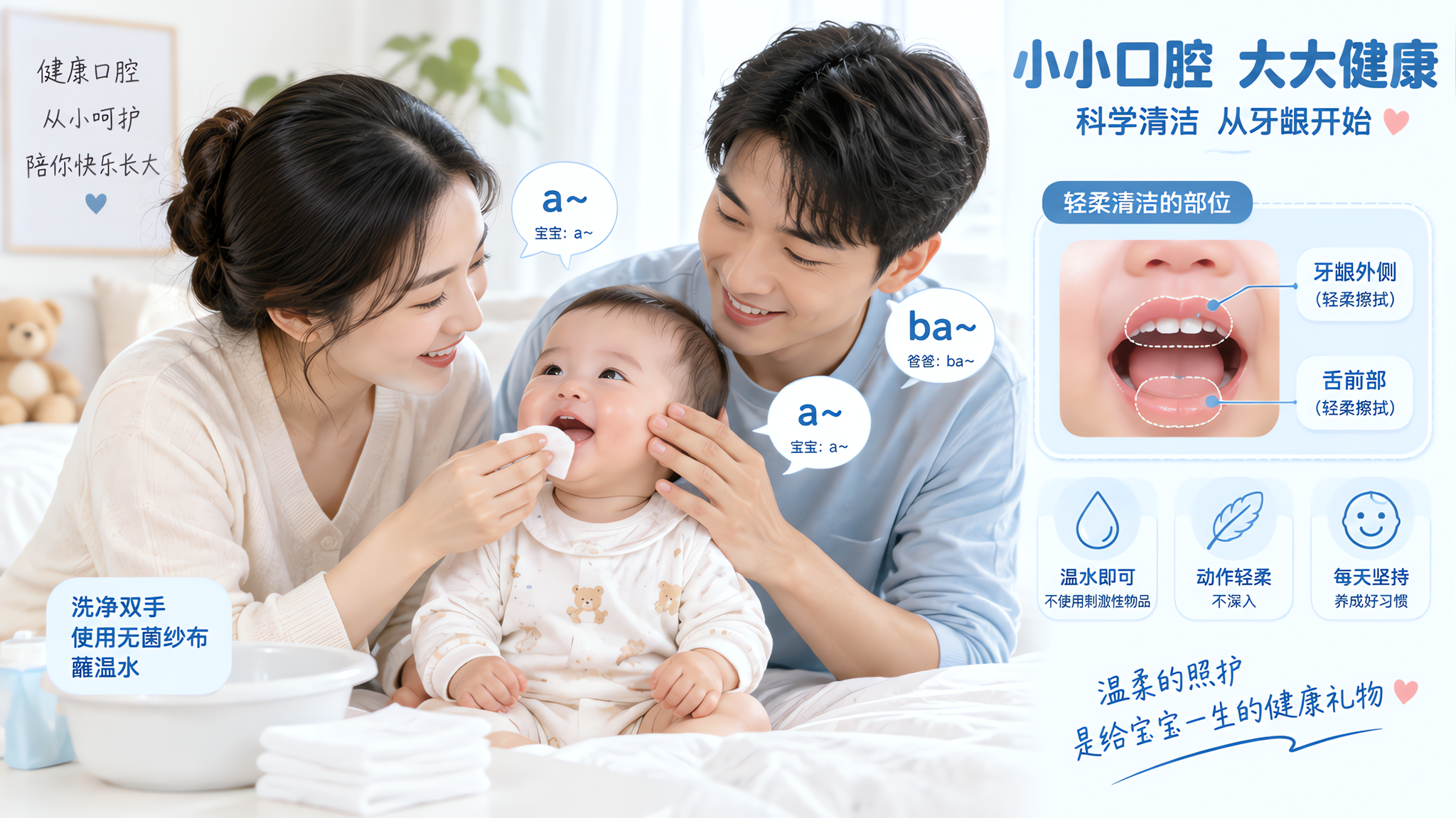 中国年轻父母在明亮干净的卧室或客厅里照护中国6-10个月婴儿,妈妈洗净双手用无菌纱布蘸温水,轻柔擦拭