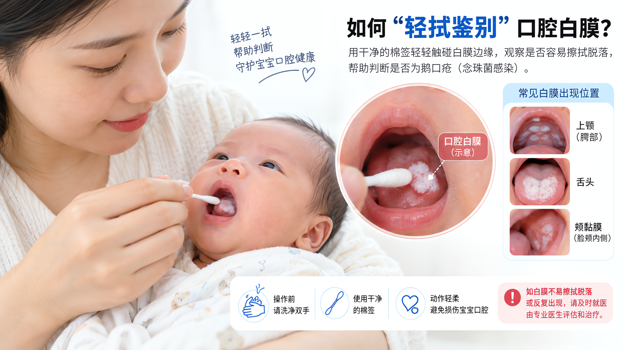 宝宝嘴里一片白别急擦：棉签轻拭分清奶渍还是鹅口疮