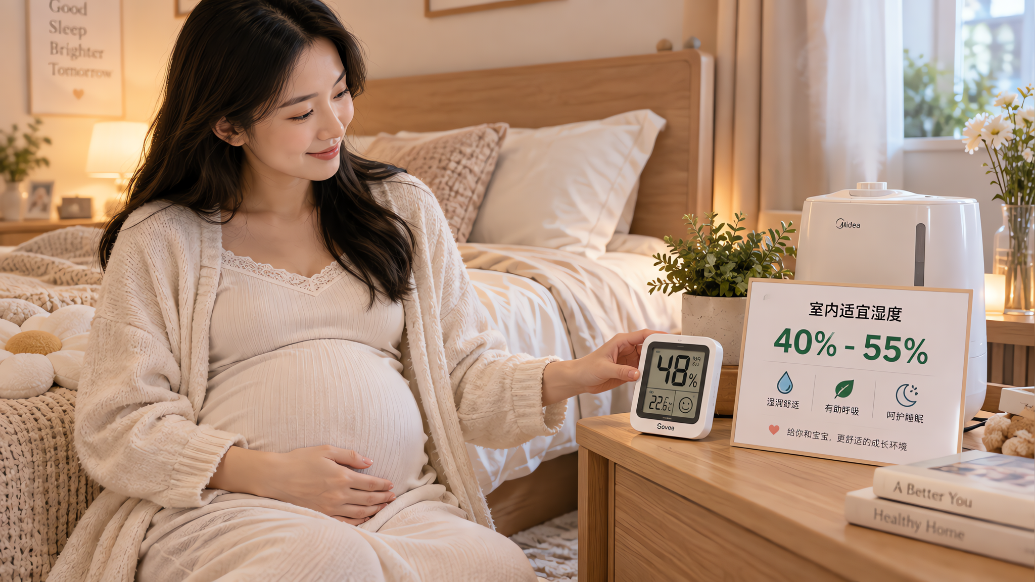 中国年轻孕妈在卧室床边查看湿度计读数，床尾侧放置一台小型加湿器（不直吹床头），画面包含清晰可见的湿度