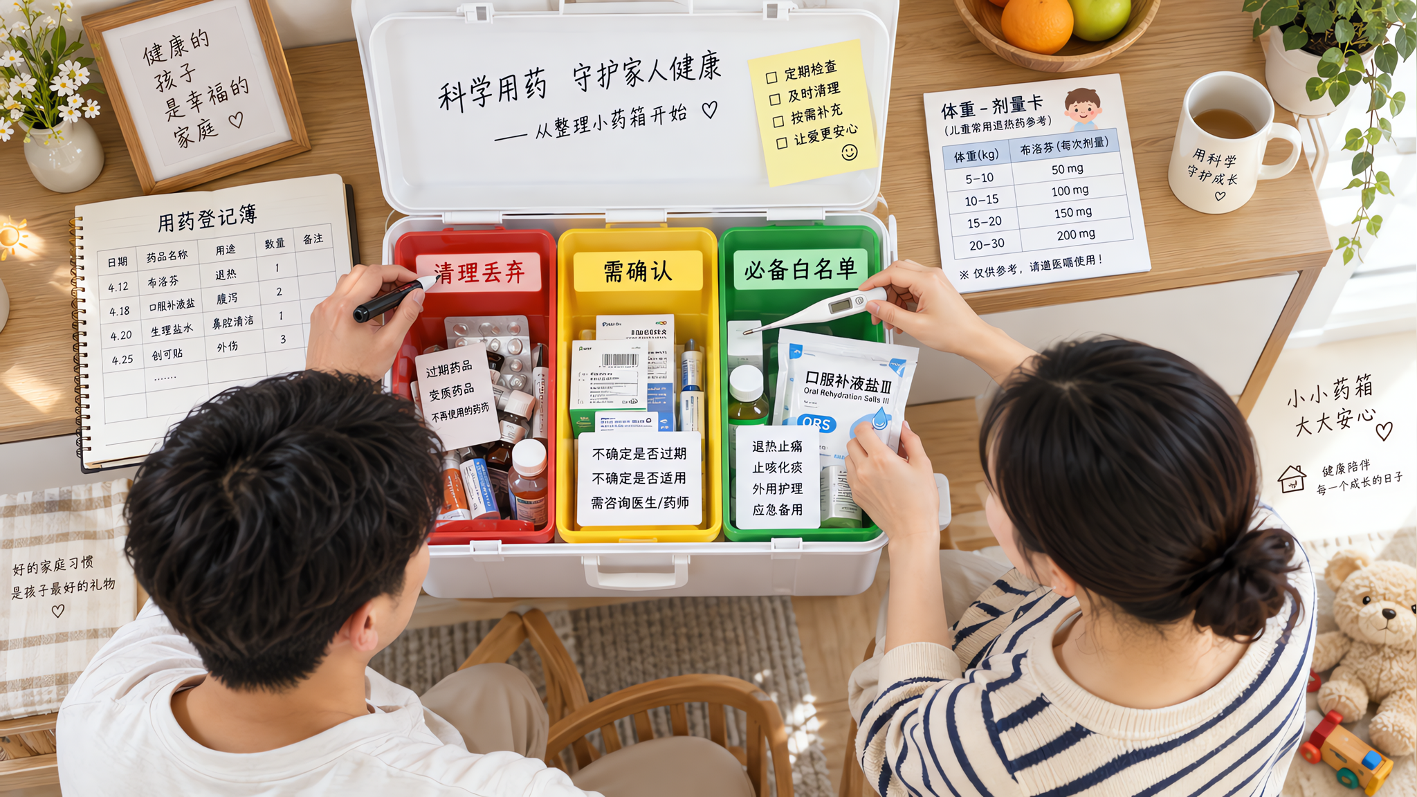 中国年轻父母在家中餐边柜前整理家庭小药箱，俯拍视角为主，药箱打开分成红黄绿三区标签（红区“清理丢弃”