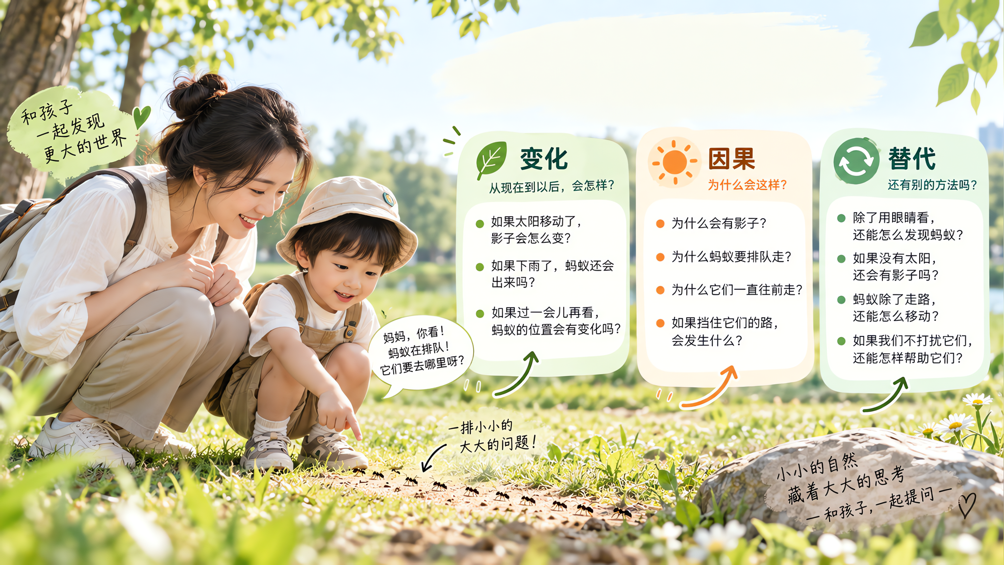 孩子只会答“树/虫”？用3类提问把对话拉长