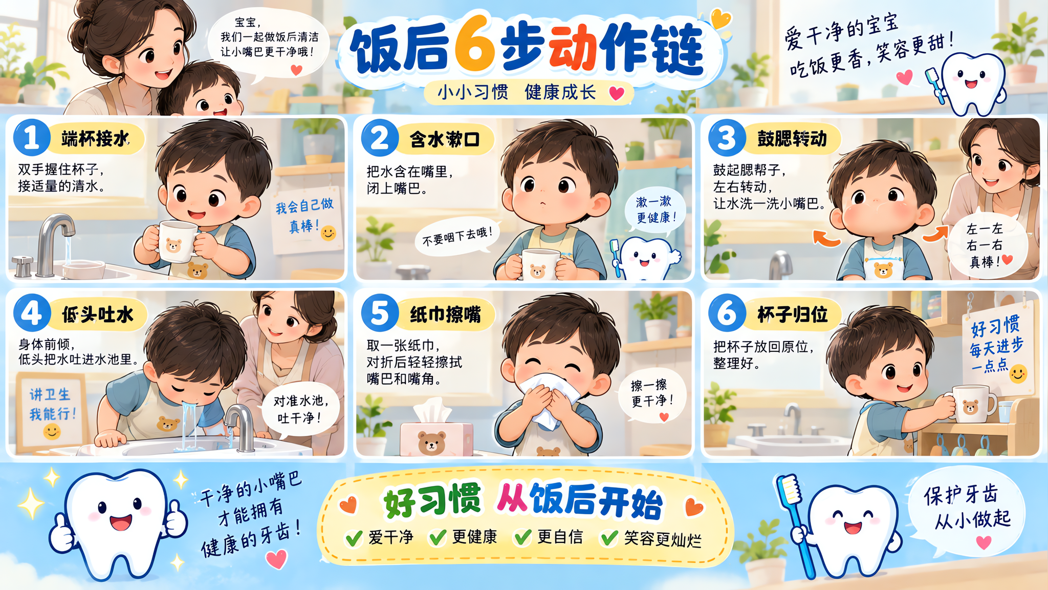 入园后饭后总等老师帮？6步动作链让娃自己漱口擦嘴放杯子