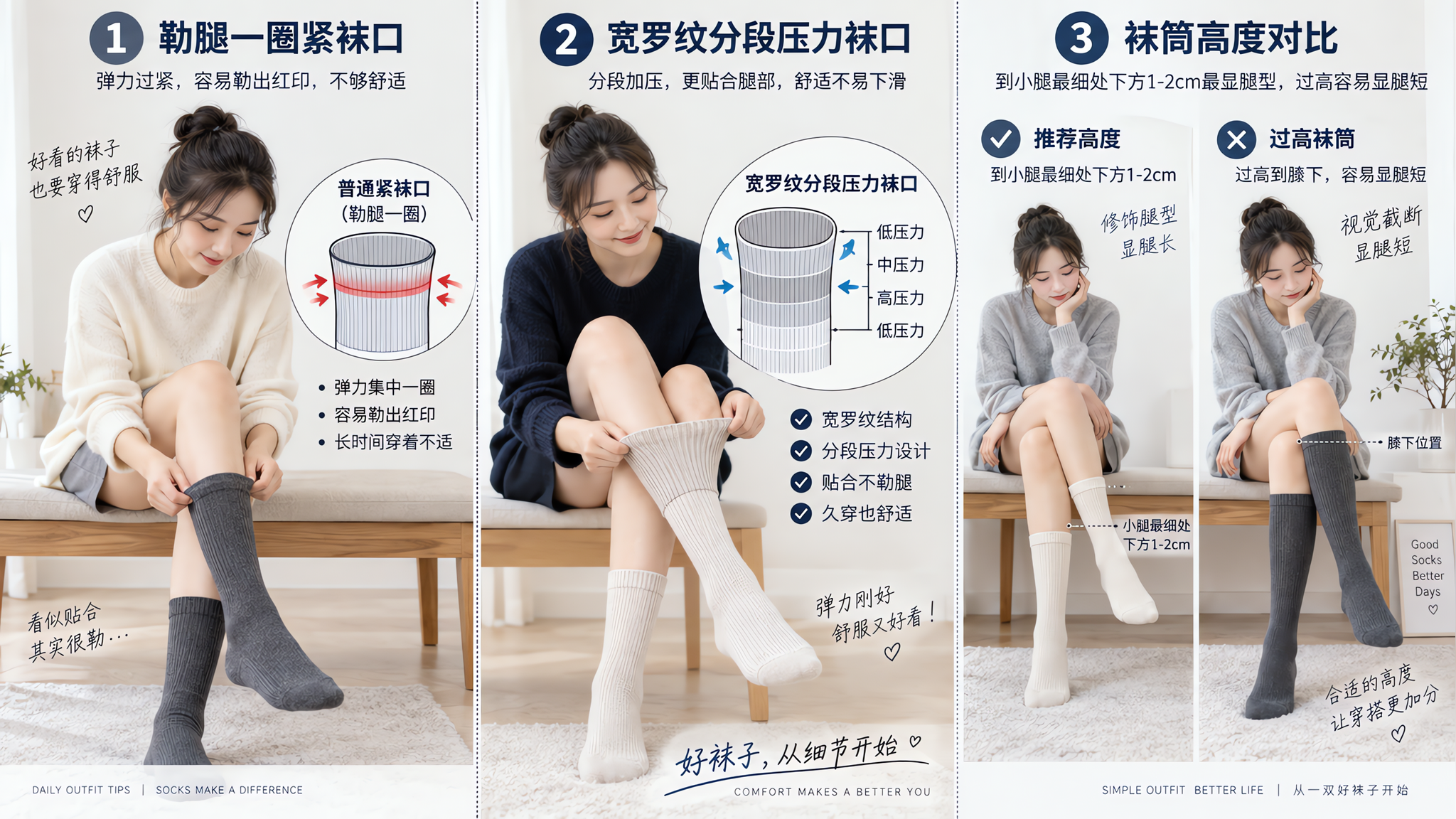 明亮干净的室内背景(白墙+浅木地板),一位中国年轻女性坐在长凳上试穿不同中筒袜,画面分为三栏对比:左