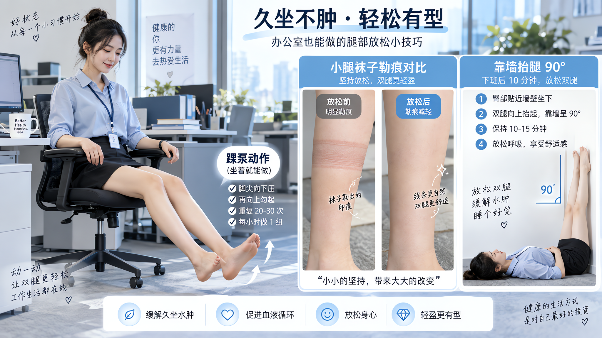 下午小腿胀到袜子勒痕深？10分钟踝泵+靠墙抬腿缓解水肿