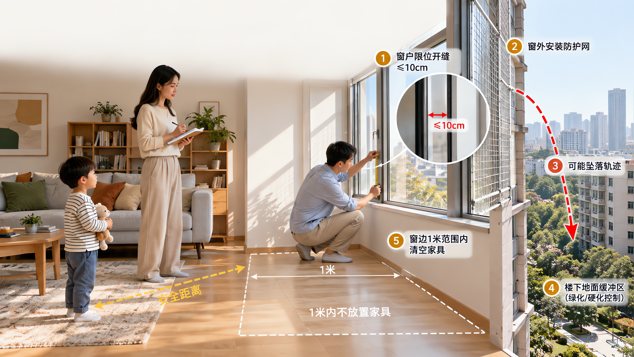 现代中国家庭客厅靠窗区域的安全改造示意画面，一位中国年轻爸爸半蹲在窗边用卷尺测量窗户开缝，旁边一位中
