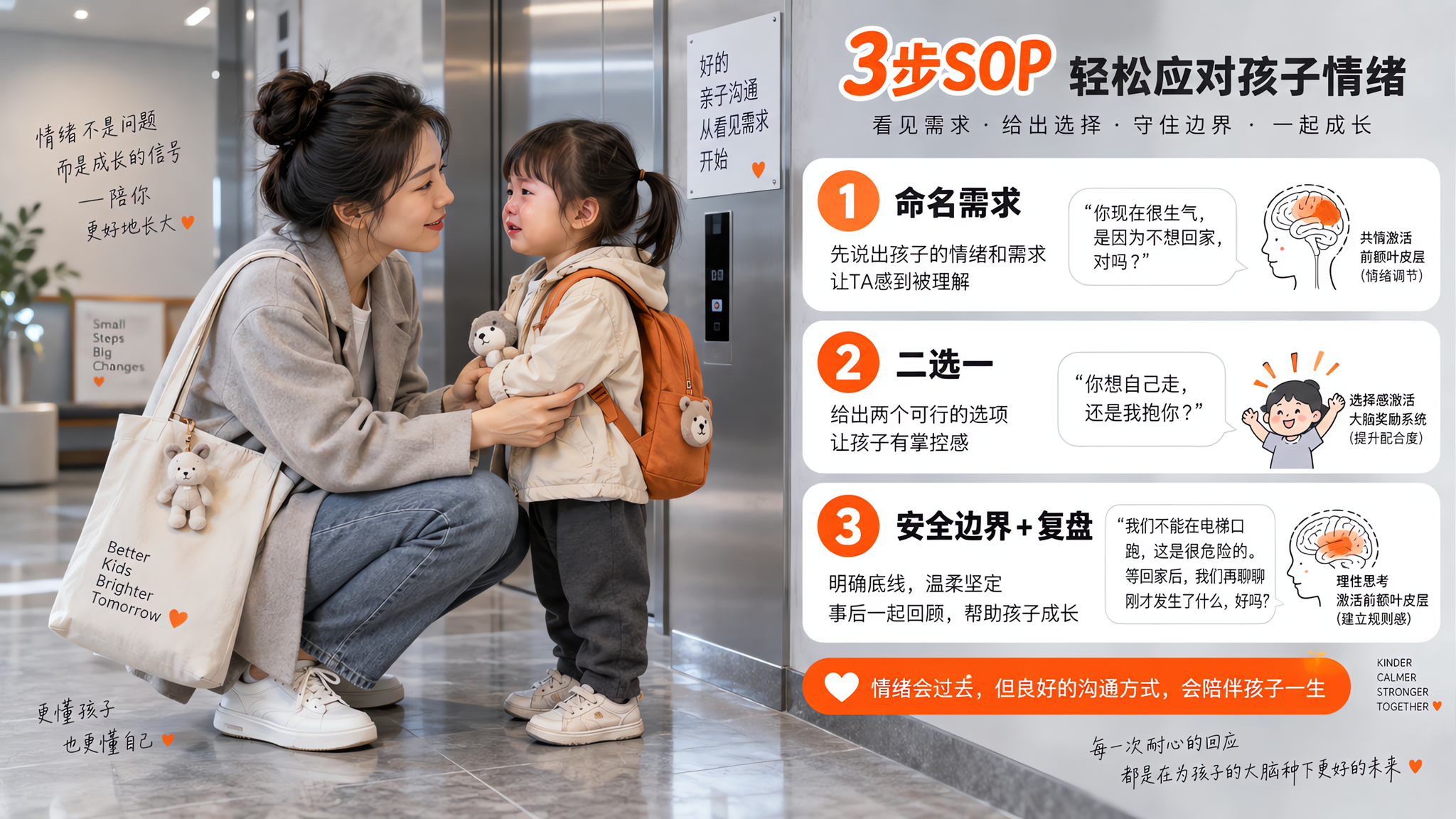 冷灰色背景的室内走廊/电梯口场景，中国年轻妈妈蹲下与2-3岁中国幼儿平视沟通，妈妈神情平静温和，幼儿