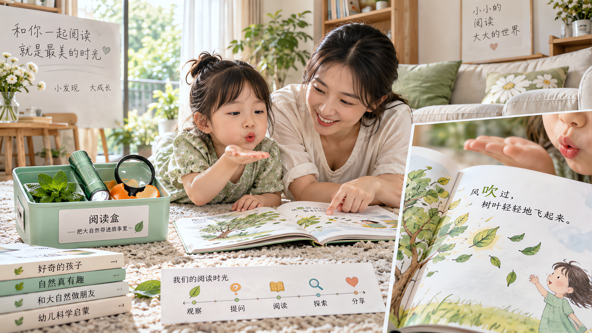 中国年轻妈妈与中国3-6岁幼儿在家中明亮客厅进行亲子共读，地毯上摆放“阅读盒”（薄荷叶或橘子皮、迷你