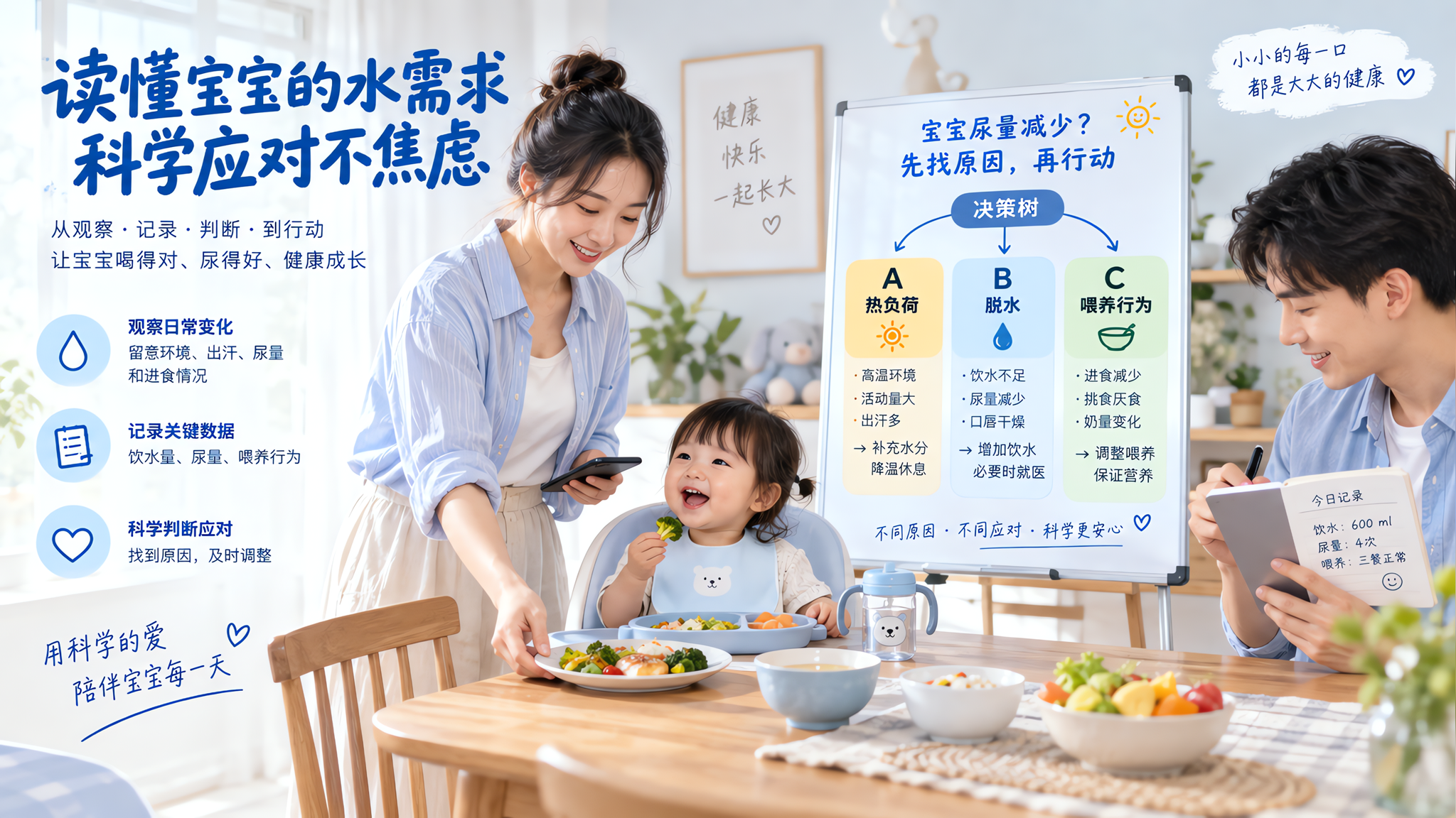 清爽蓝白配色的信息图海报风格画面，场景为中国家庭餐厅的一角：一位中国年轻妈妈在餐桌旁把餐盘端上桌并轻