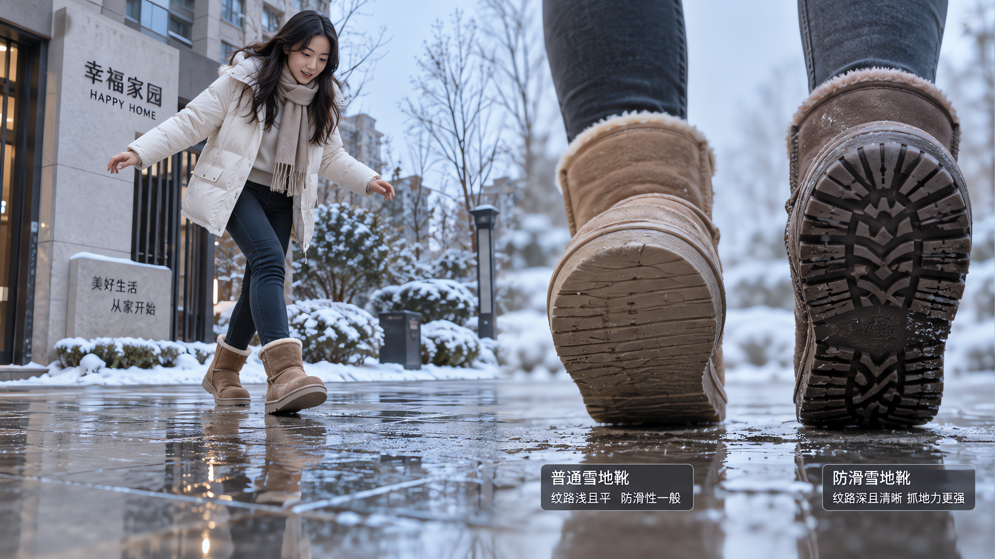 雪地靴别只看加绒：防滑看鞋底材质和纹路深度