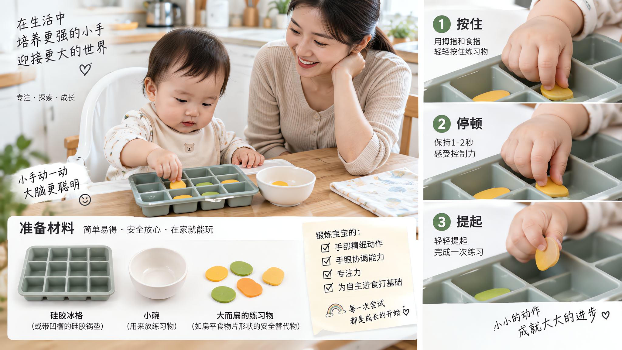 7-12个月练指尖别急着捏小颗粒：按—停—提更稳