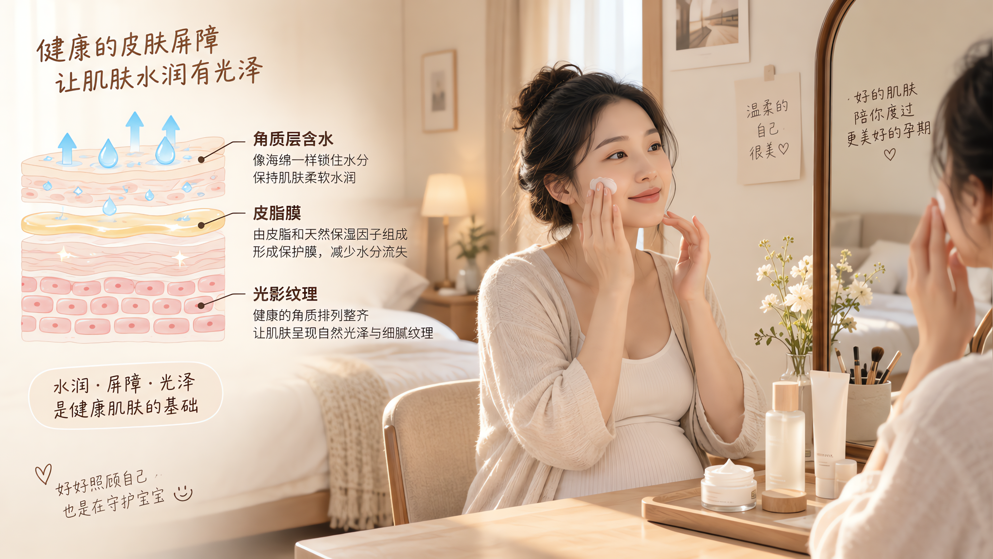 中国孕期年轻女性坐在卧室梳妆台前，对镜轻轻按压涂抹面霜，桌面简洁摆放基础护肤品（无品牌logo），画