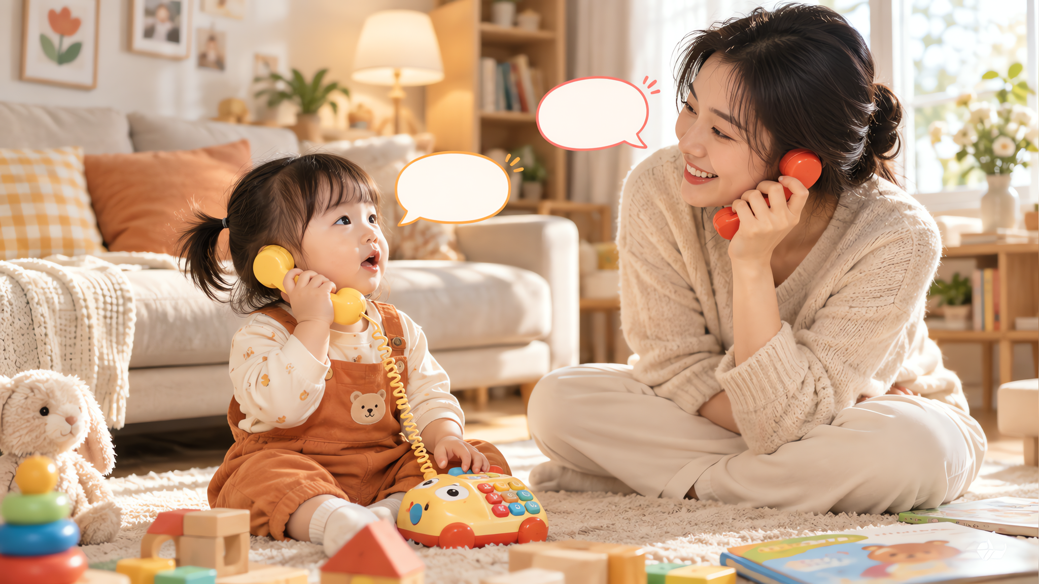 中国年轻妈妈在温馨客厅里陪1-3岁中国幼儿玩“电话游戏”，妈妈手拿玩具电话微笑倾听，幼儿坐在地毯上拿