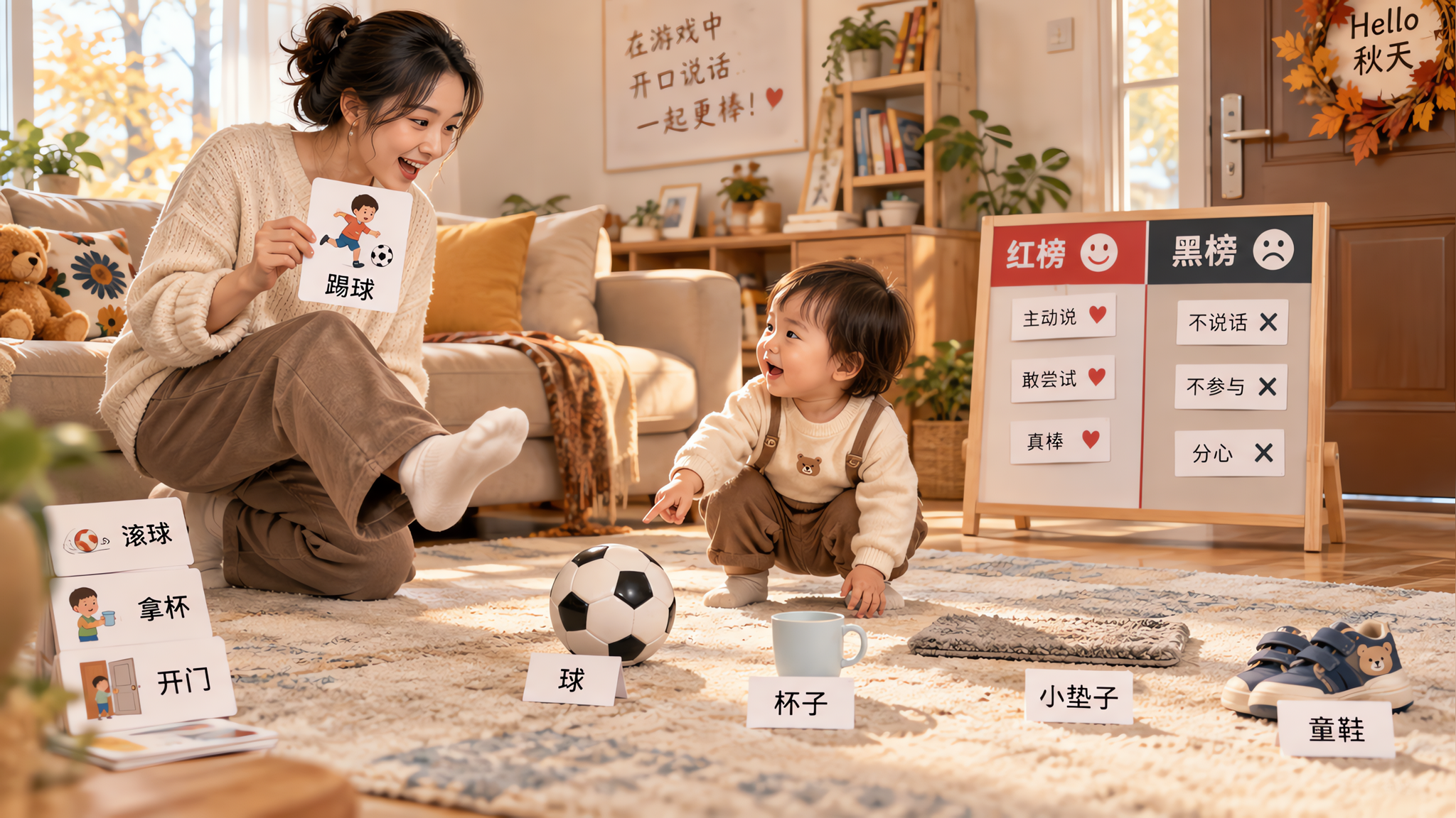 中国年轻妈妈和中国1-2岁幼儿在家中客厅进行语言启发动作游戏，地毯上摆放四样物品：球、杯子、门旁的小